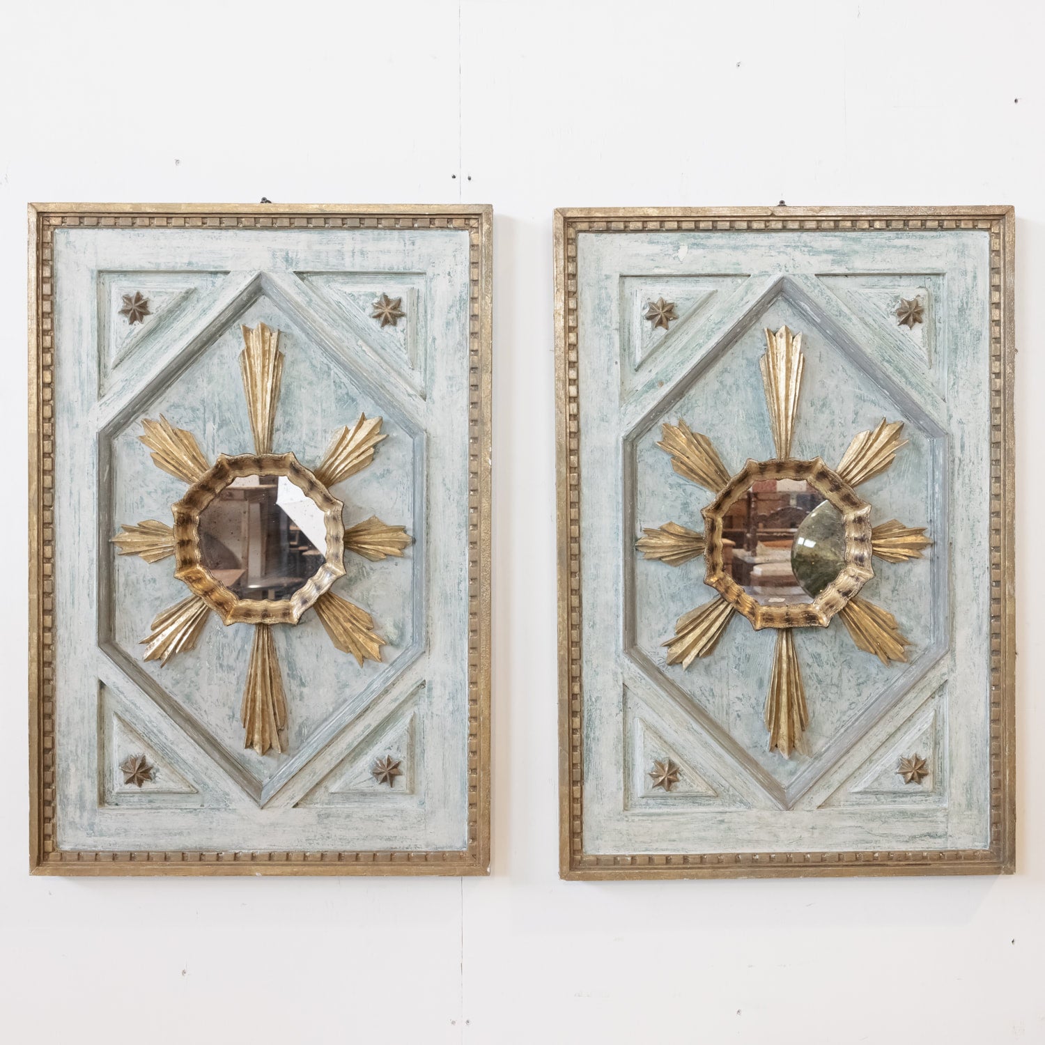 Framed Italian Gold and Silver Leaf Sunburst Panels Pair