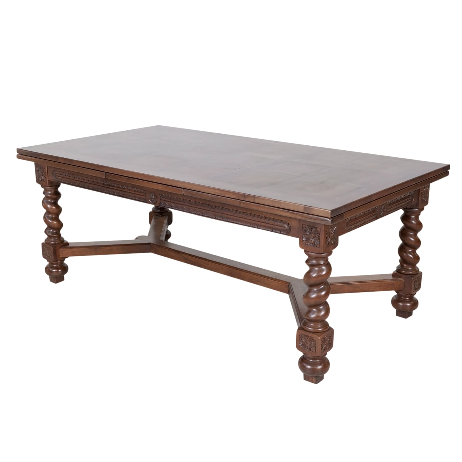 Antique French Louis XIII Walnut Draw Leaf Table with Barley Twist Legs