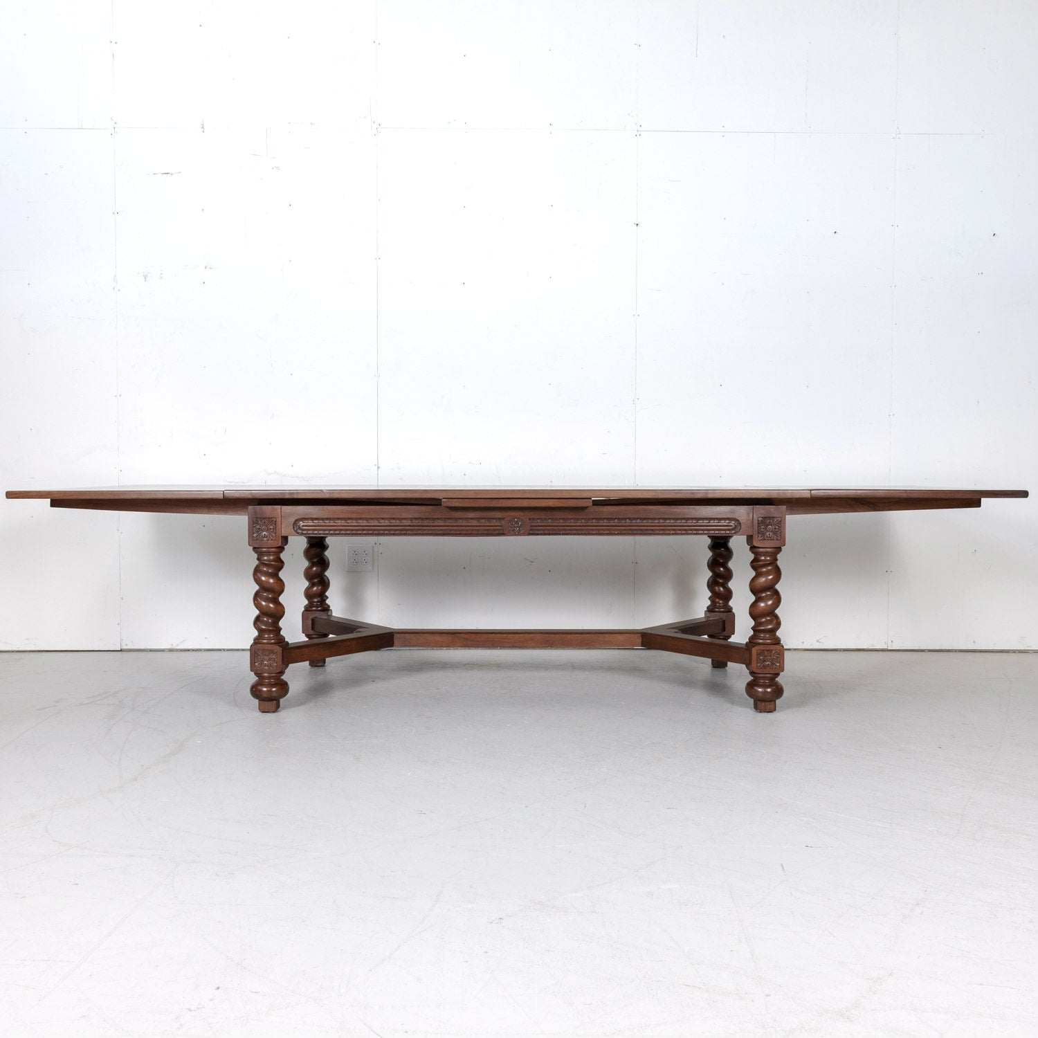 Antique French Louis XIII Walnut Draw Leaf Table with Barley Twist Legs