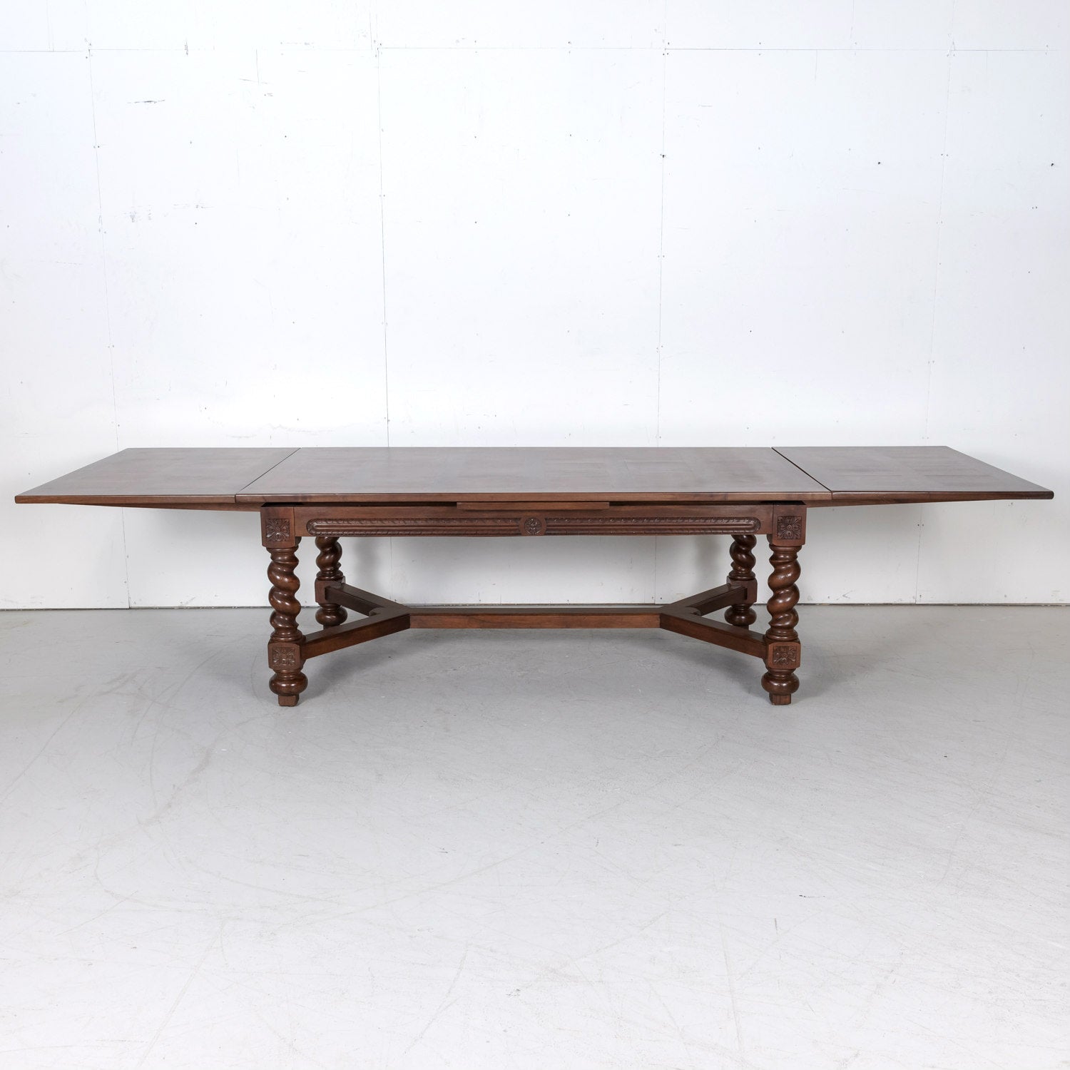 Antique French Louis XIII Walnut Draw Leaf Table with Barley Twist Legs