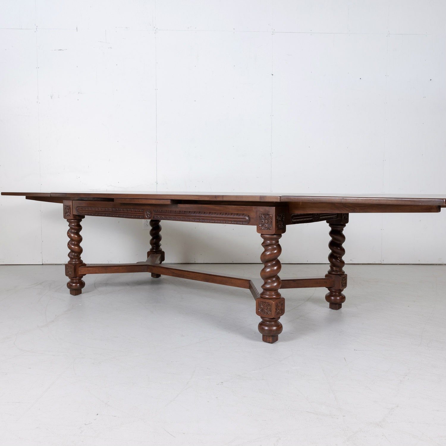 Antique French Louis XIII Walnut Draw Leaf Table with Barley Twist Legs