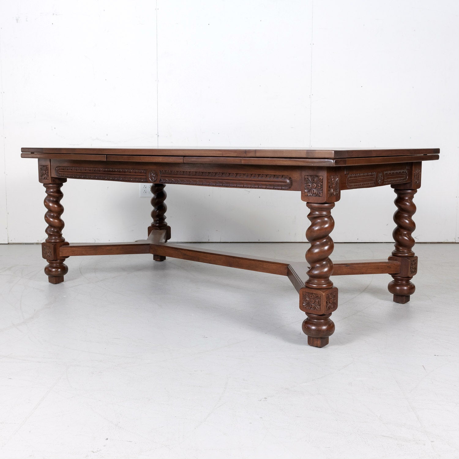 Antique French Louis XIII Walnut Draw Leaf Table with Barley Twist Legs