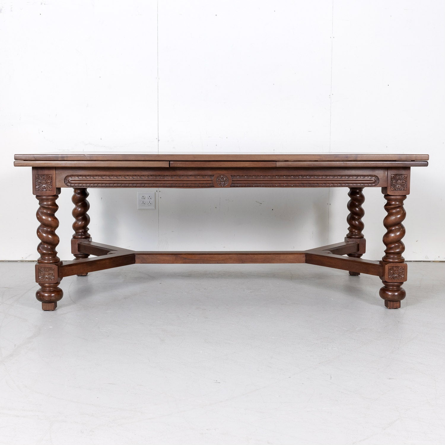 Antique French Louis XIII Walnut Draw Leaf Table with Barley Twist Legs