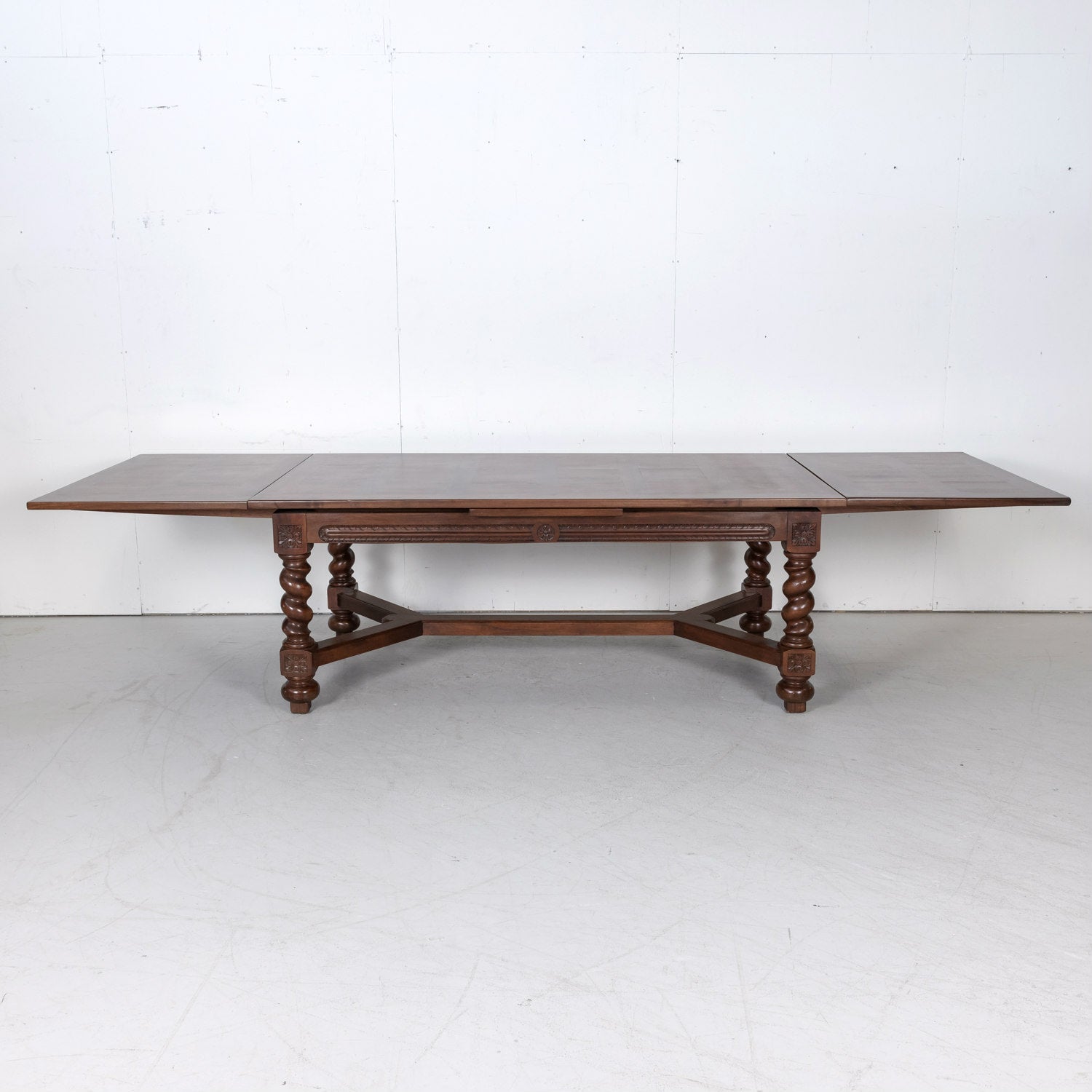 Antique French Louis XIII Walnut Draw Leaf Table with Barley Twist Legs