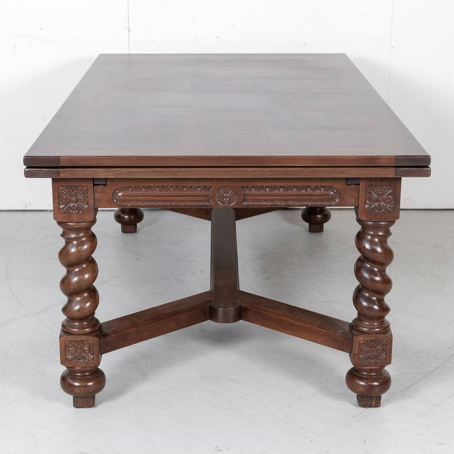 Antique French Louis XIII Walnut Draw Leaf Table with Barley Twist Legs