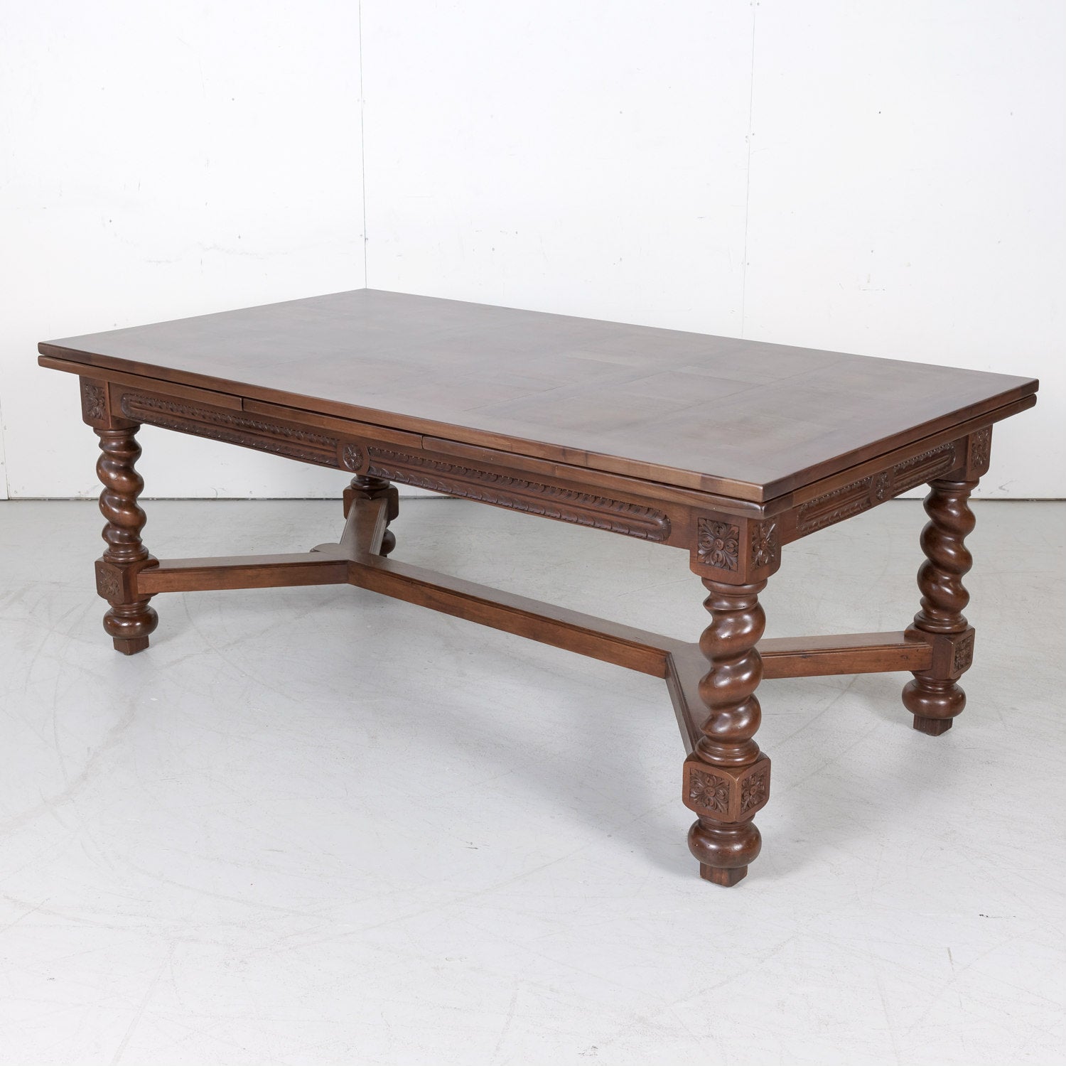 Antique French Louis XIII Walnut Draw Leaf Table with Barley Twist Legs