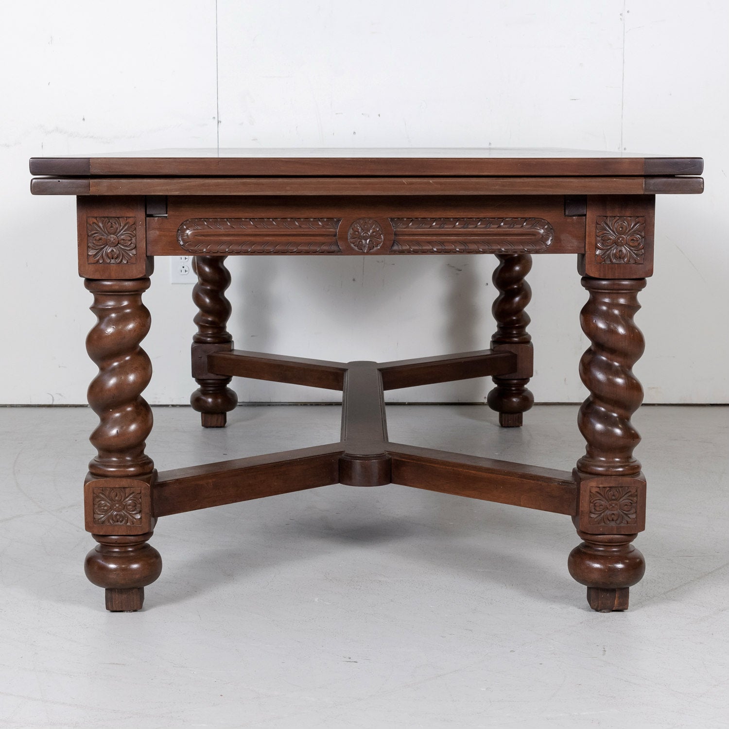 Antique French Louis XIII Walnut Draw Leaf Table with Barley Twist Legs
