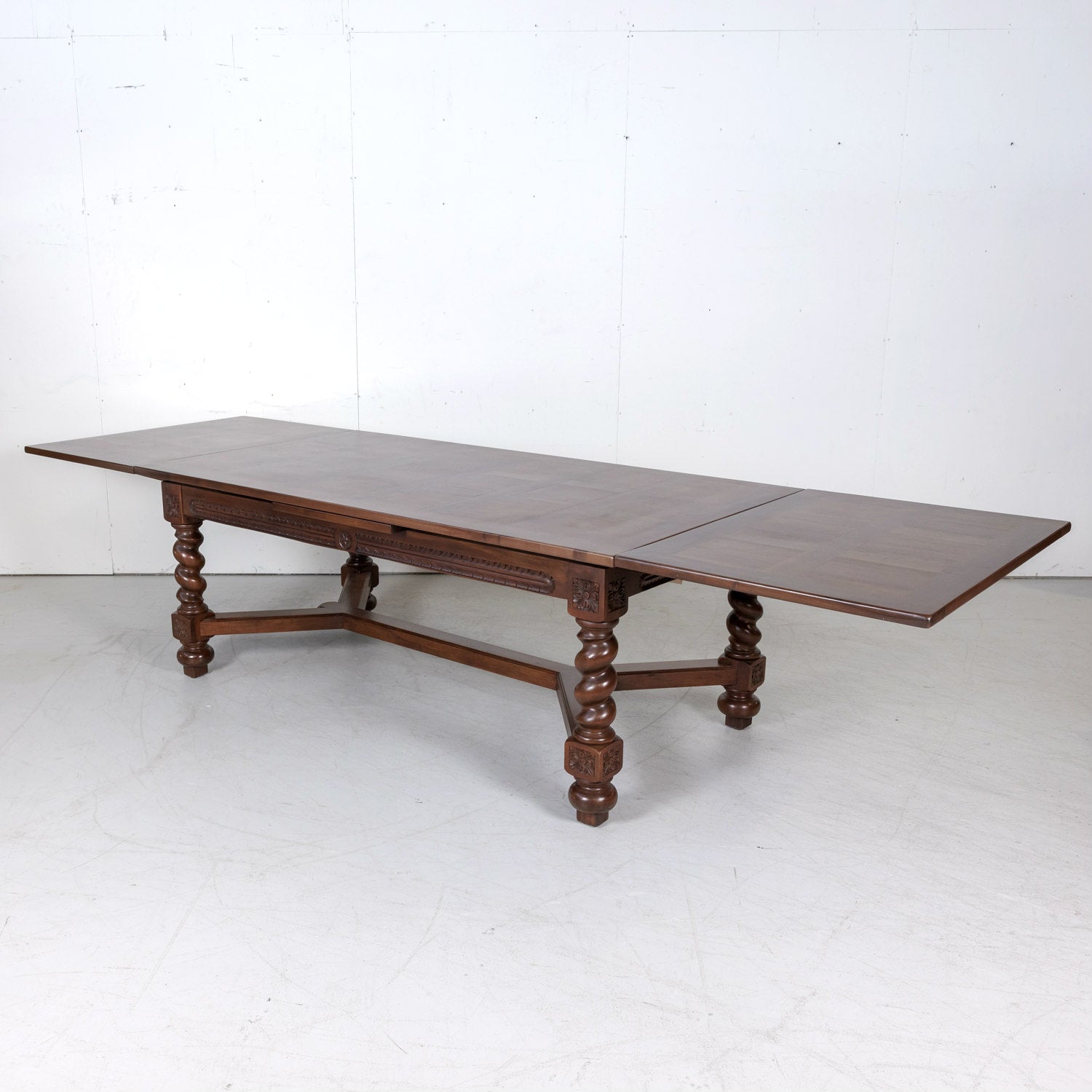 Antique French Louis XIII Walnut Draw Leaf Table with Barley Twist Legs