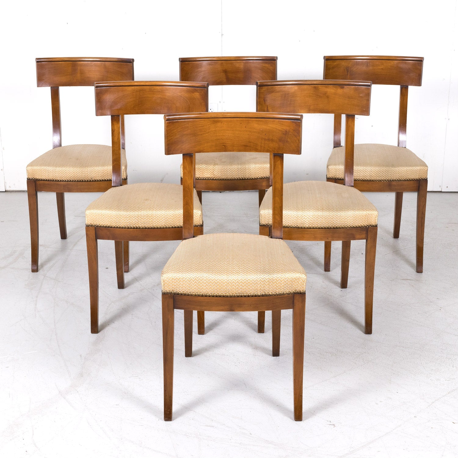 French Directoire Style Walnut Dining Side Chairs, Set of 6