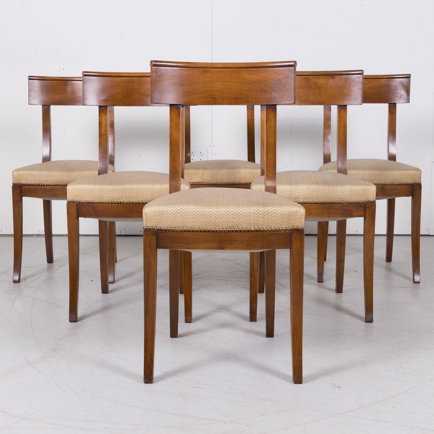 French Directoire Style Walnut Dining Side Chairs, Set of 6