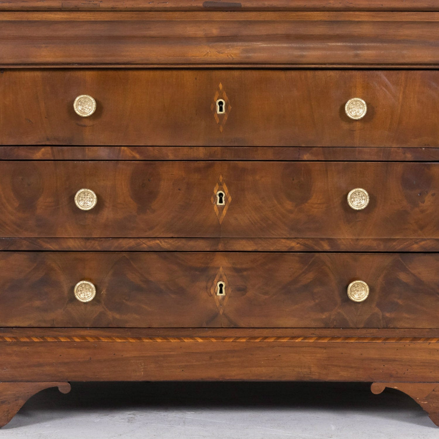 19th Century French Period Louis Philippe Walnut and Fruitwood Parquetry Commode with Bookmatched Front