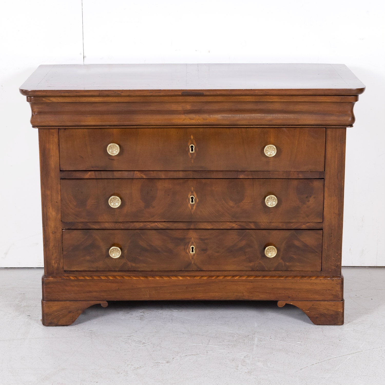 19th Century French Period Louis Philippe Walnut and Fruitwood Parquetry Commode with Bookmatched Front