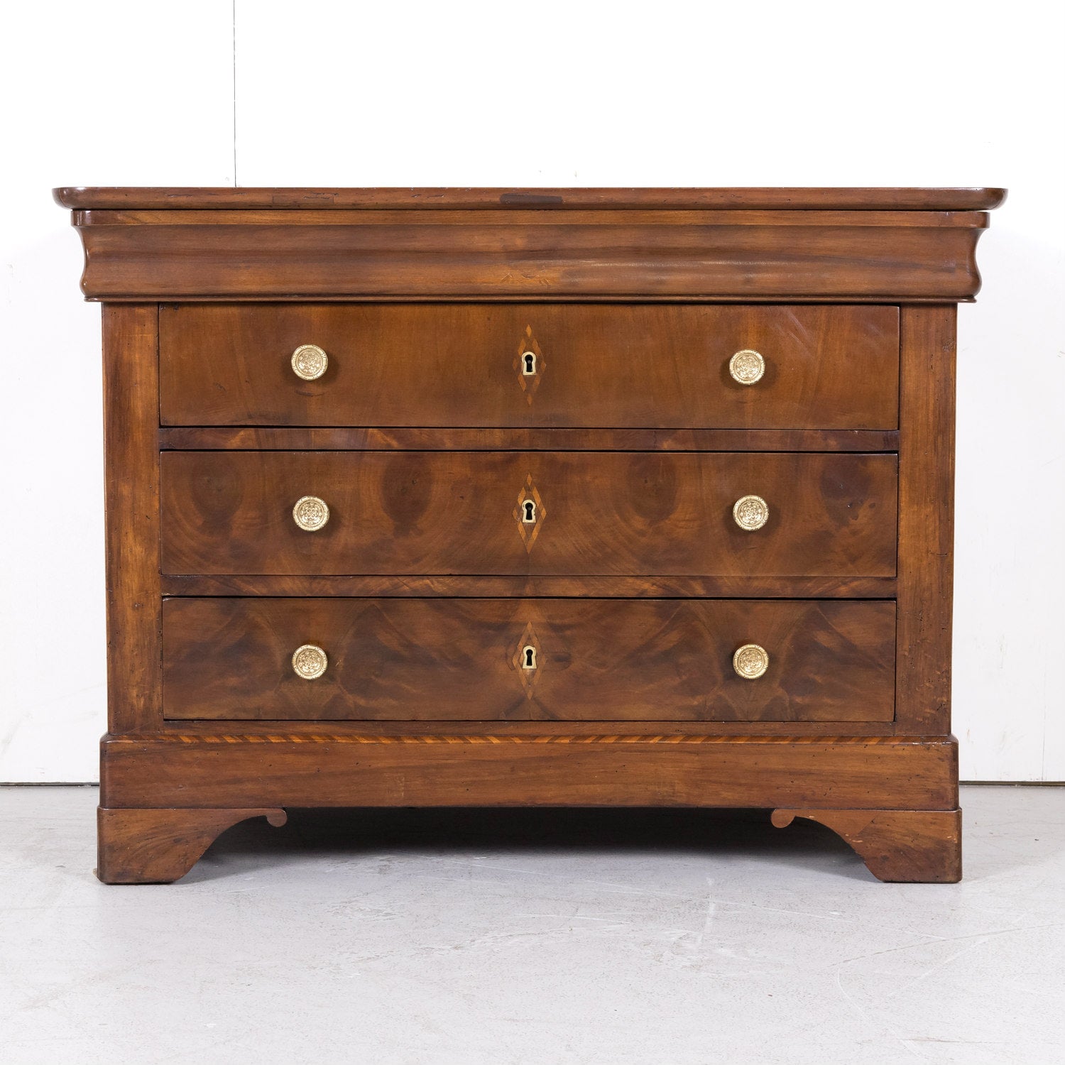 19th Century French Period Louis Philippe Walnut and Fruitwood Parquetry Commode with Bookmatched Front