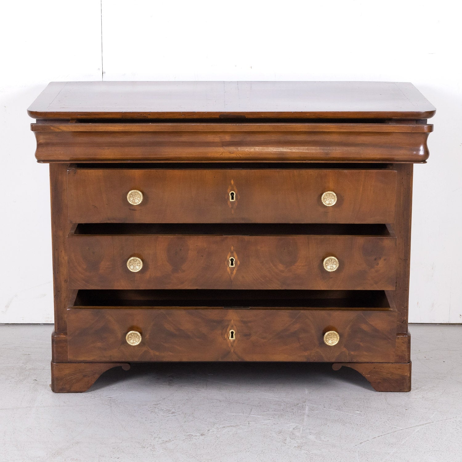 19th Century French Period Louis Philippe Walnut and Fruitwood Parquetry Commode with Bookmatched Front