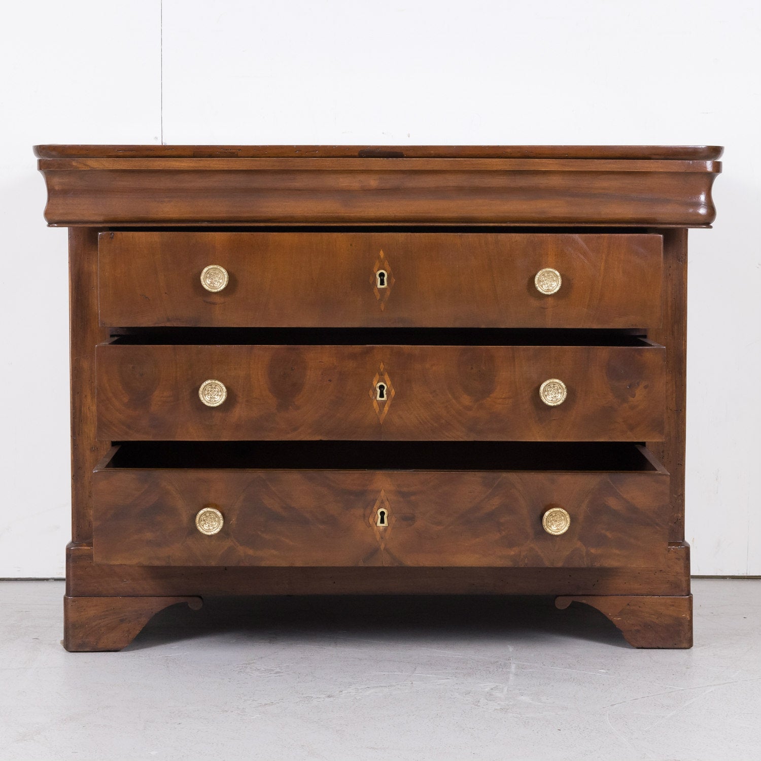 19th Century French Period Louis Philippe Walnut and Fruitwood Parquetry Commode with Bookmatched Front