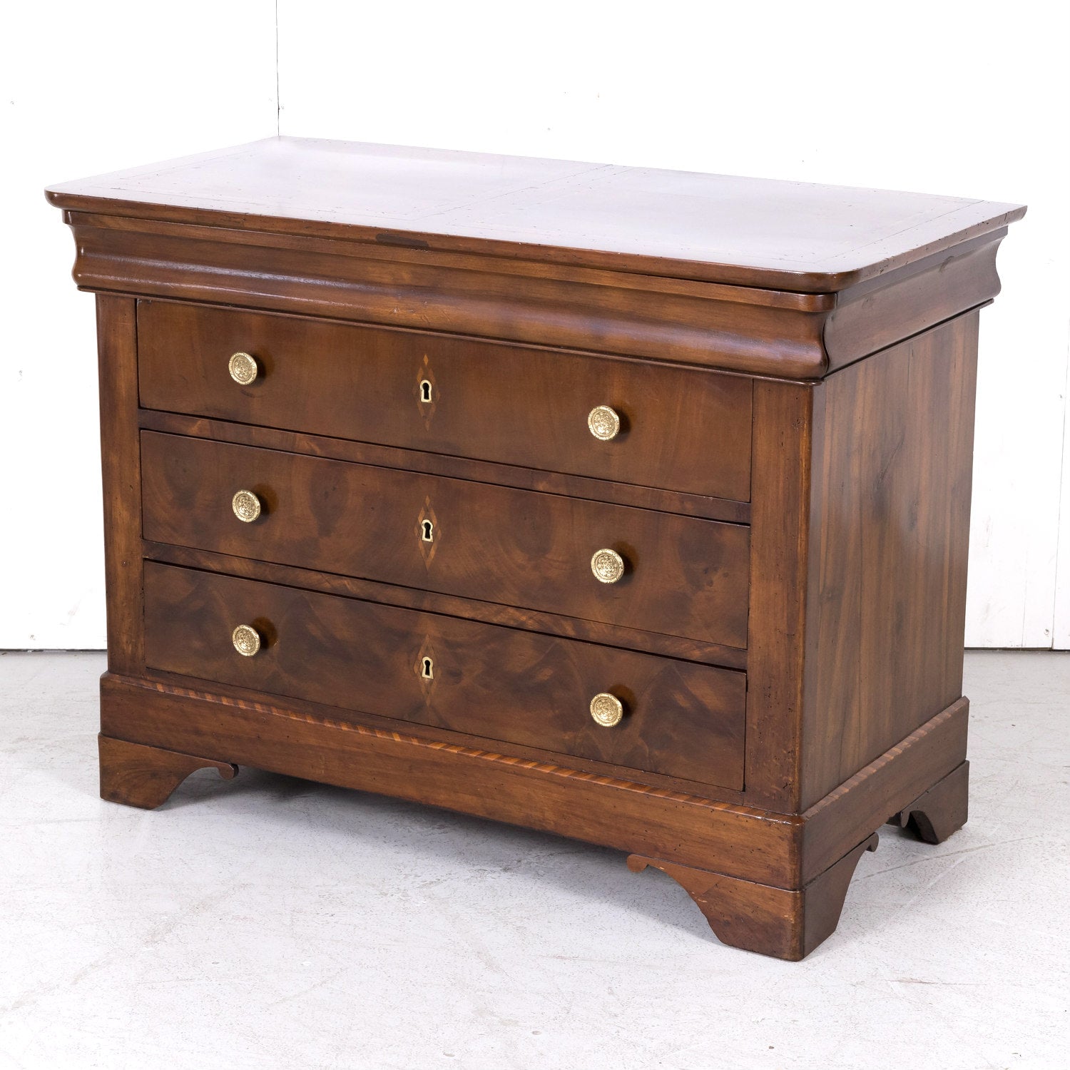 19th Century French Period Louis Philippe Walnut and Fruitwood Parquetry Commode with Bookmatched Front