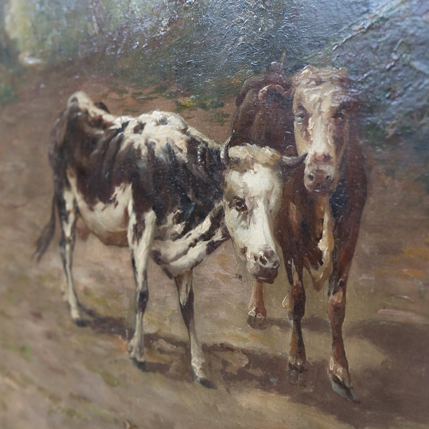 Late 19th Century French Painting of Cows on a Forest Path by Emile Godchaux, Signed