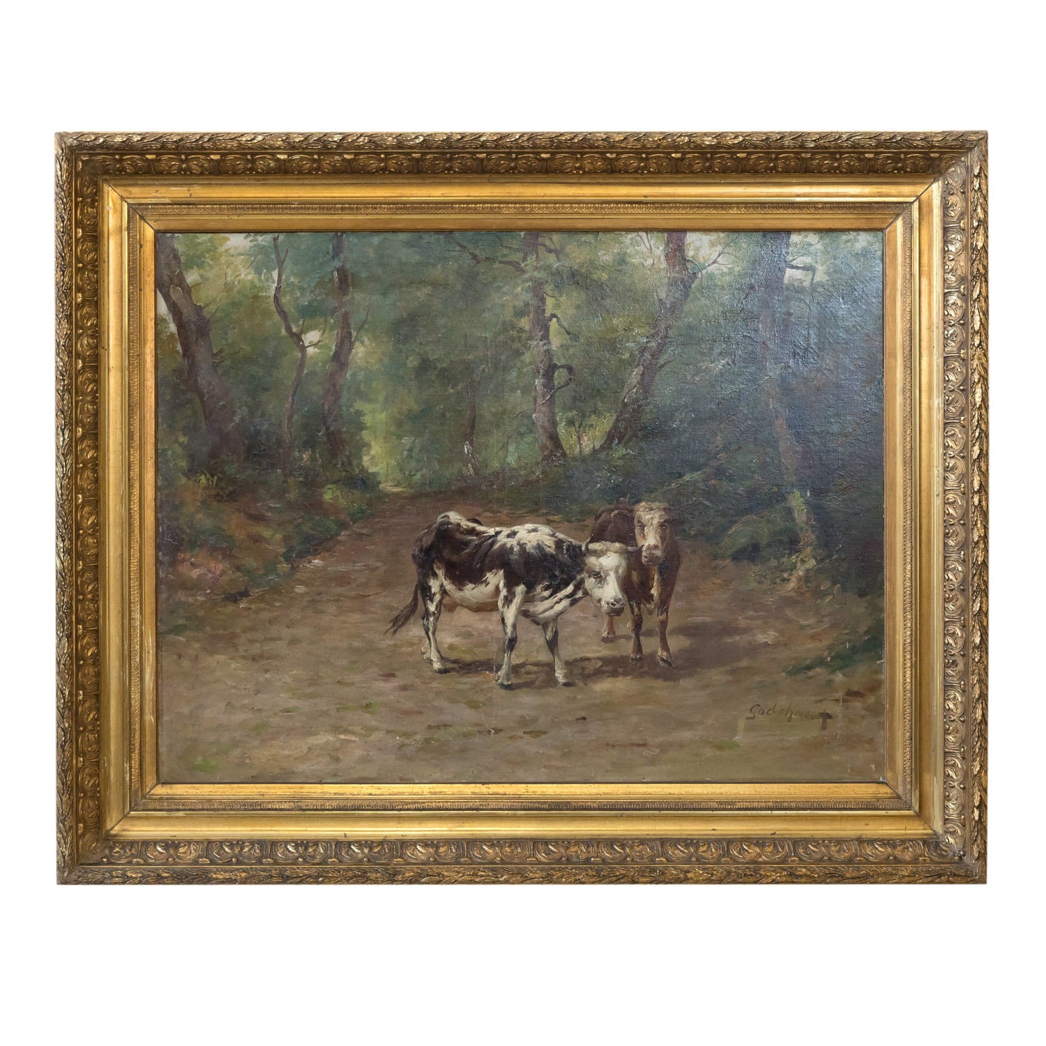 Late 19th Century French Painting of Cows on a Forest Path by Emile Godchaux, Signed