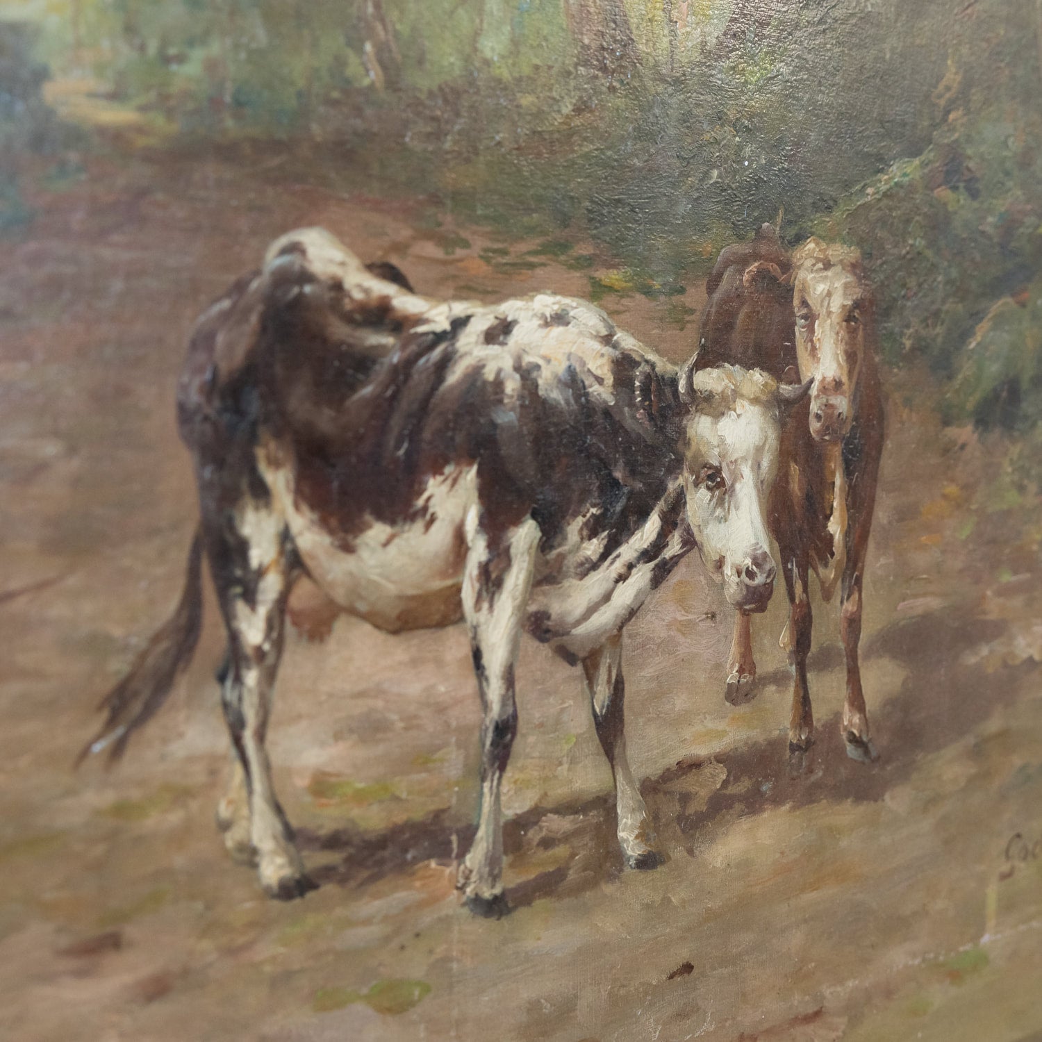 Late 19th Century French Painting of Cows on a Forest Path by Emile Godchaux, Signed