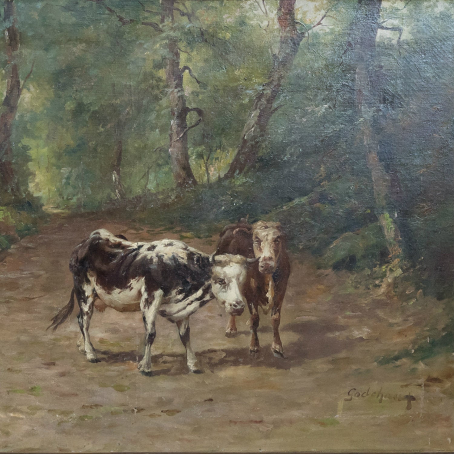 Late 19th Century French Painting of Cows on a Forest Path by Emile Godchaux, Signed