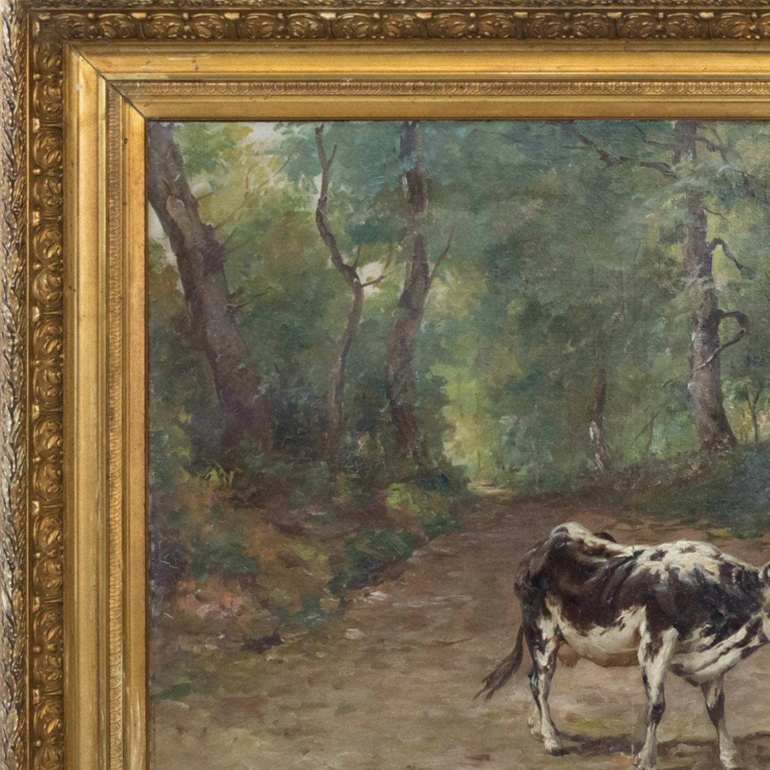 Late 19th Century French Painting of Cows on a Forest Path by Emile Godchaux, Signed
