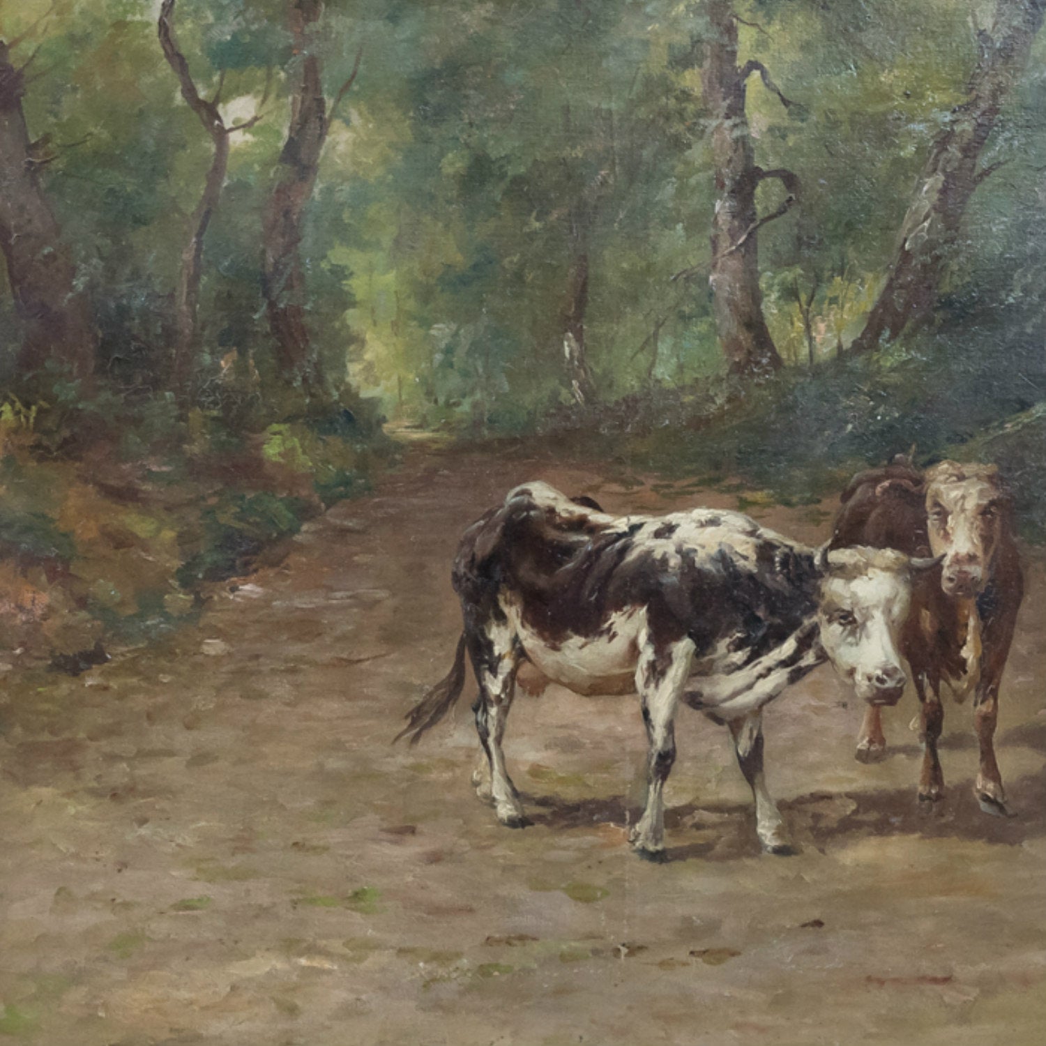 Late 19th Century French Painting of Cows on a Forest Path by Emile Godchaux, Signed