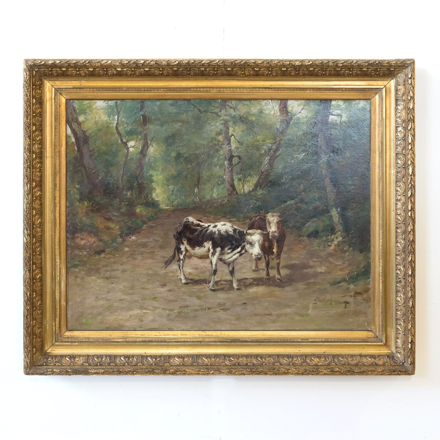 Late 19th Century French Painting of Cows on a Forest Path by Emile Godchaux, Signed