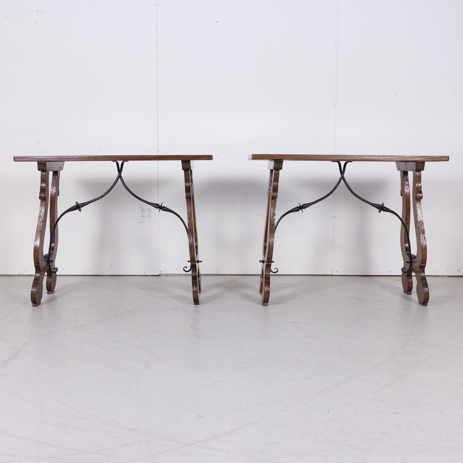 Pair of Spanish Console Tables Solid Walnut and Iron Stretchers from Barcelona