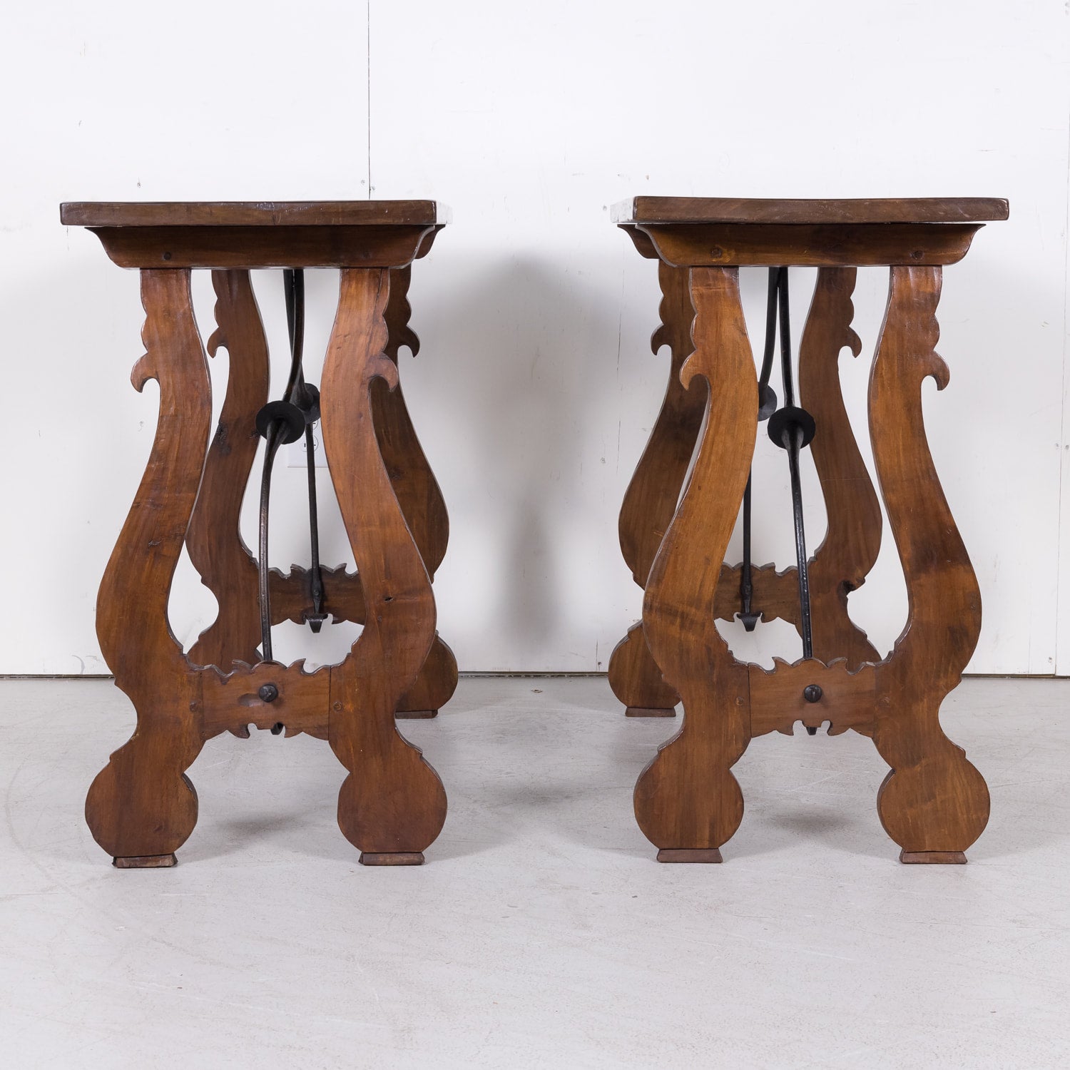 Pair of Spanish Console Tables Solid Walnut and Iron Stretchers from Barcelona