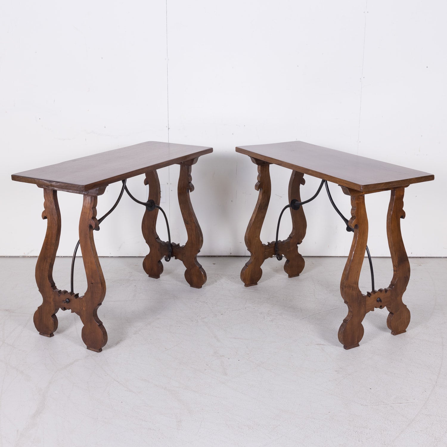 Pair of Spanish Console Tables Solid Walnut and Iron Stretchers from Barcelona