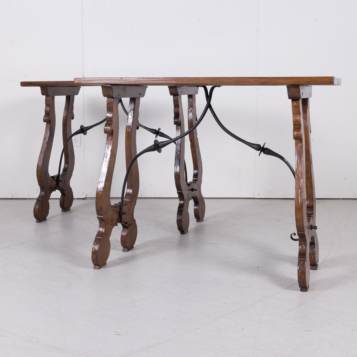Pair of Spanish Console Tables Solid Walnut and Iron Stretchers from Barcelona