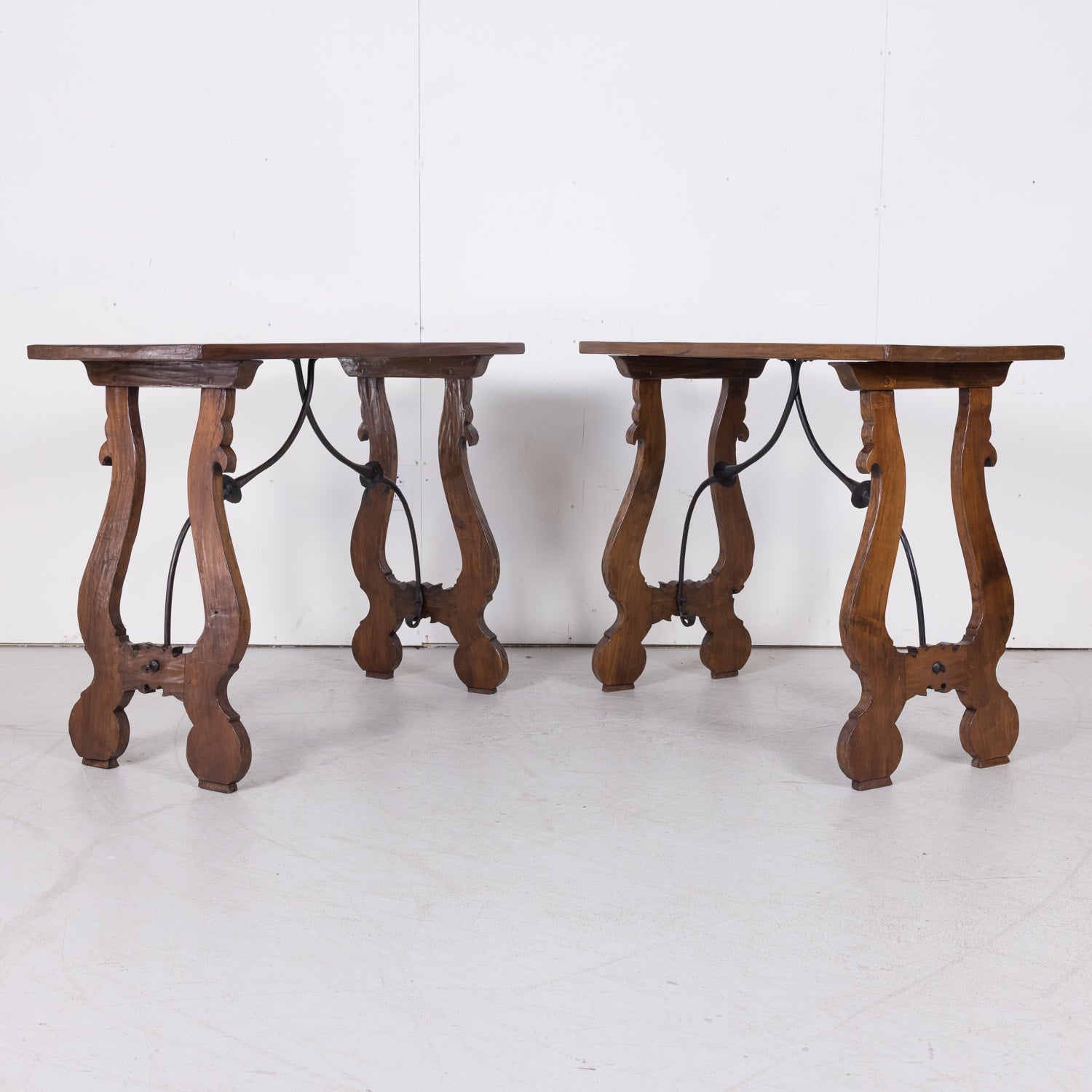 Pair of Spanish Console Tables Solid Walnut and Iron Stretchers from Barcelona