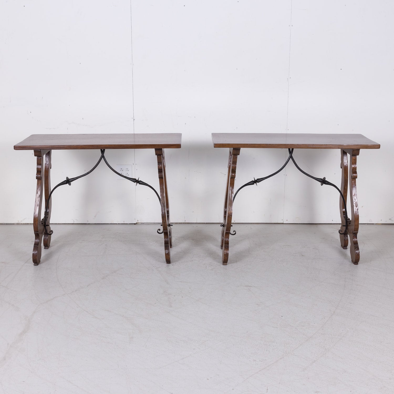 Pair of Spanish Console Tables Solid Walnut and Iron Stretchers from Barcelona