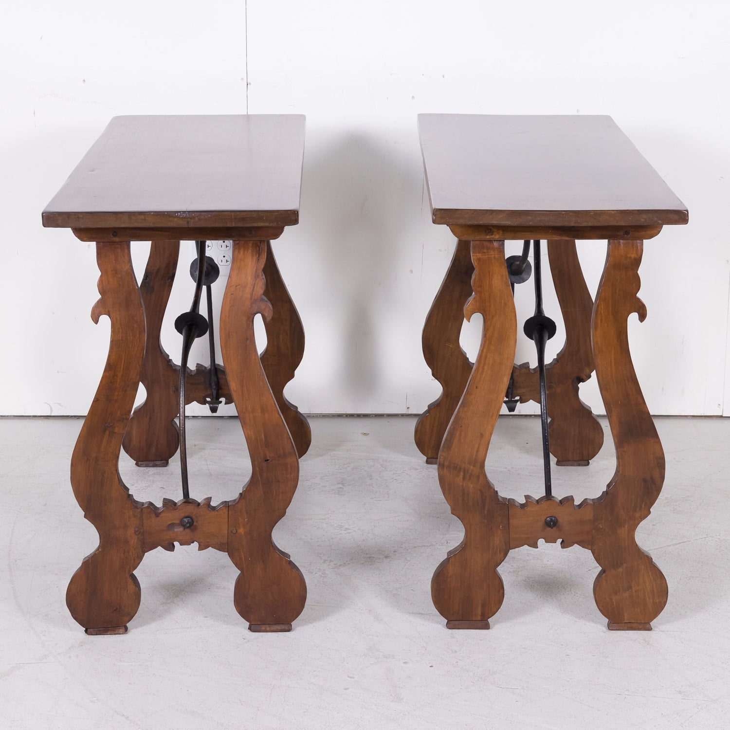 Pair of Spanish Console Tables Solid Walnut and Iron Stretchers from Barcelona