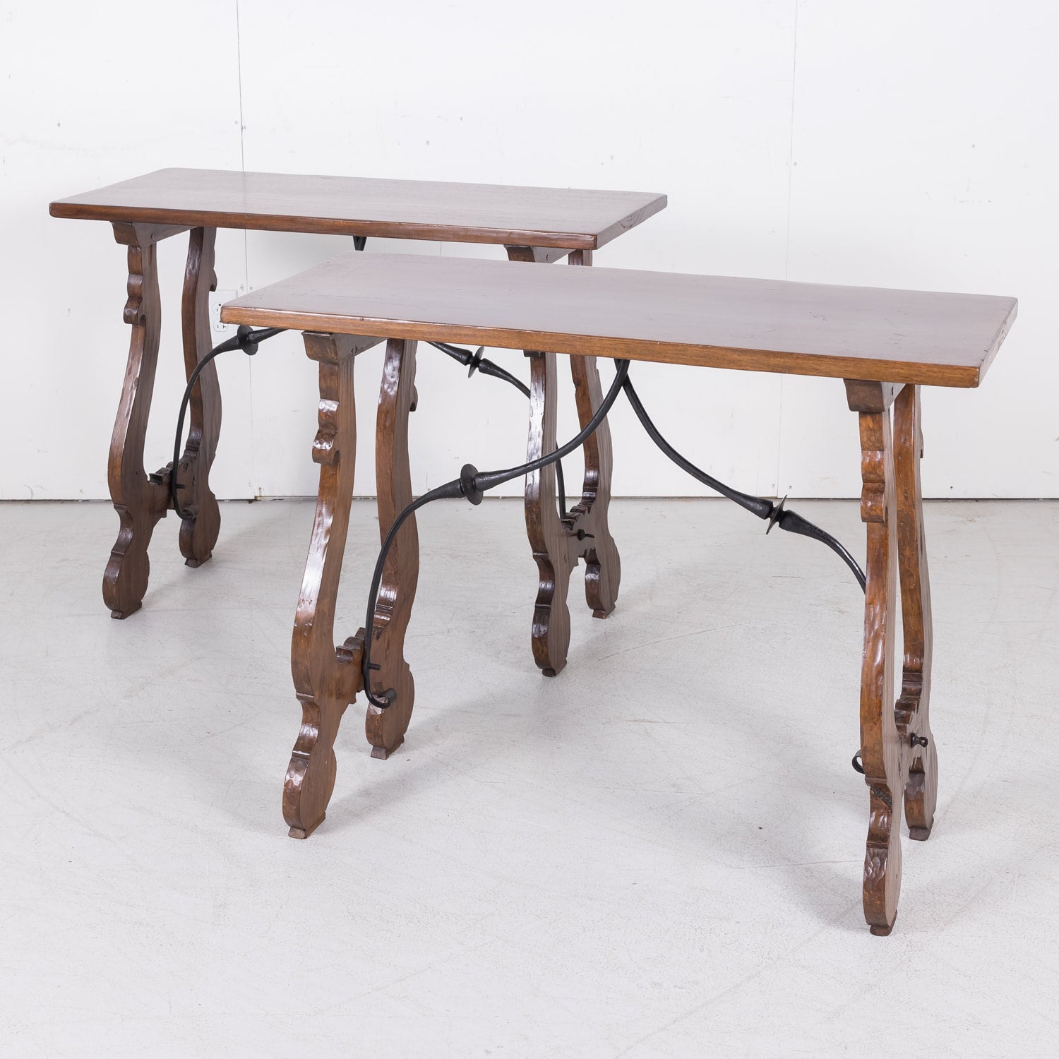 Pair of Spanish Console Tables Solid Walnut and Iron Stretchers from Barcelona