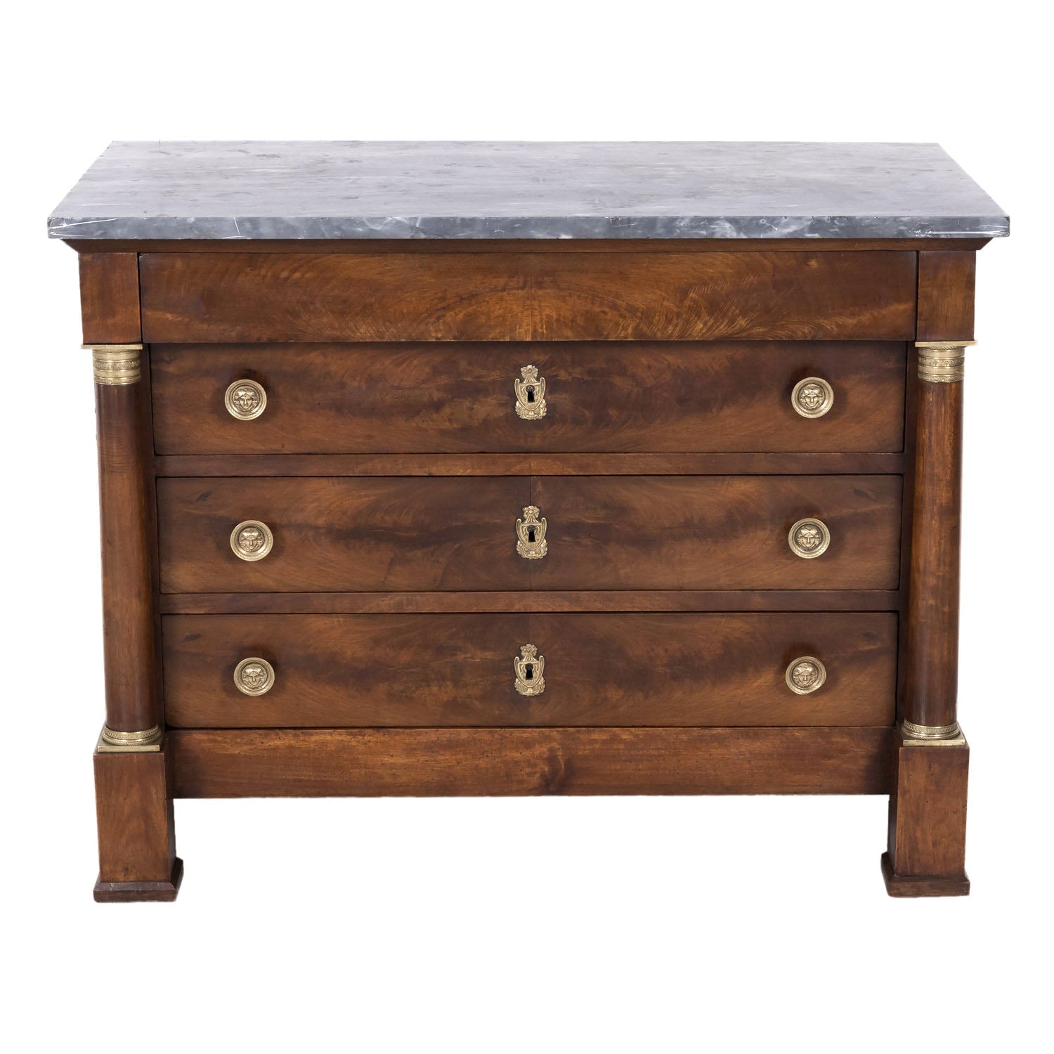 French Empire Period Walnut Commode with Marble Top and Bookmatched Front