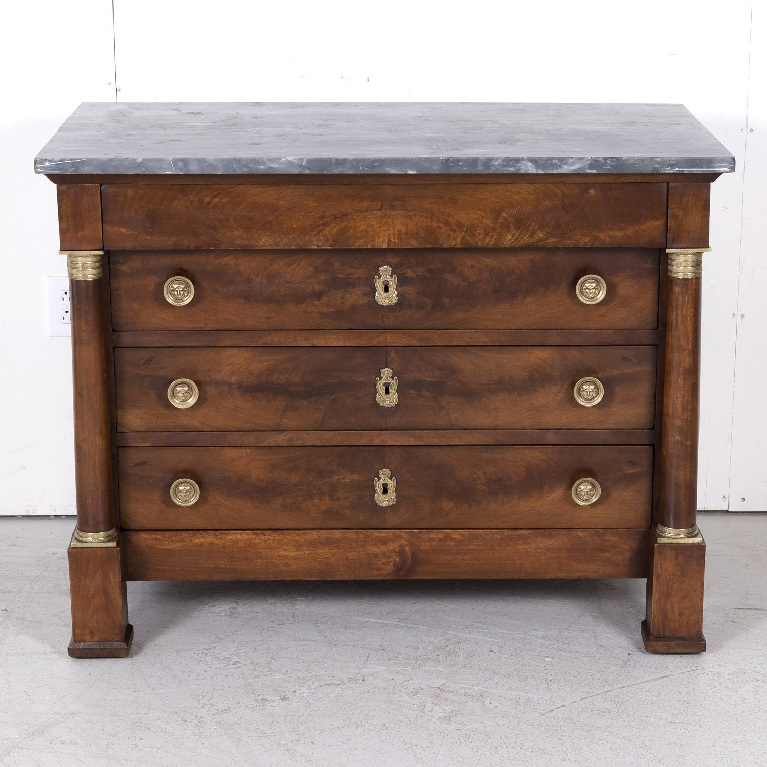 French Empire Period Walnut Commode with Marble Top and Bookmatched Front
