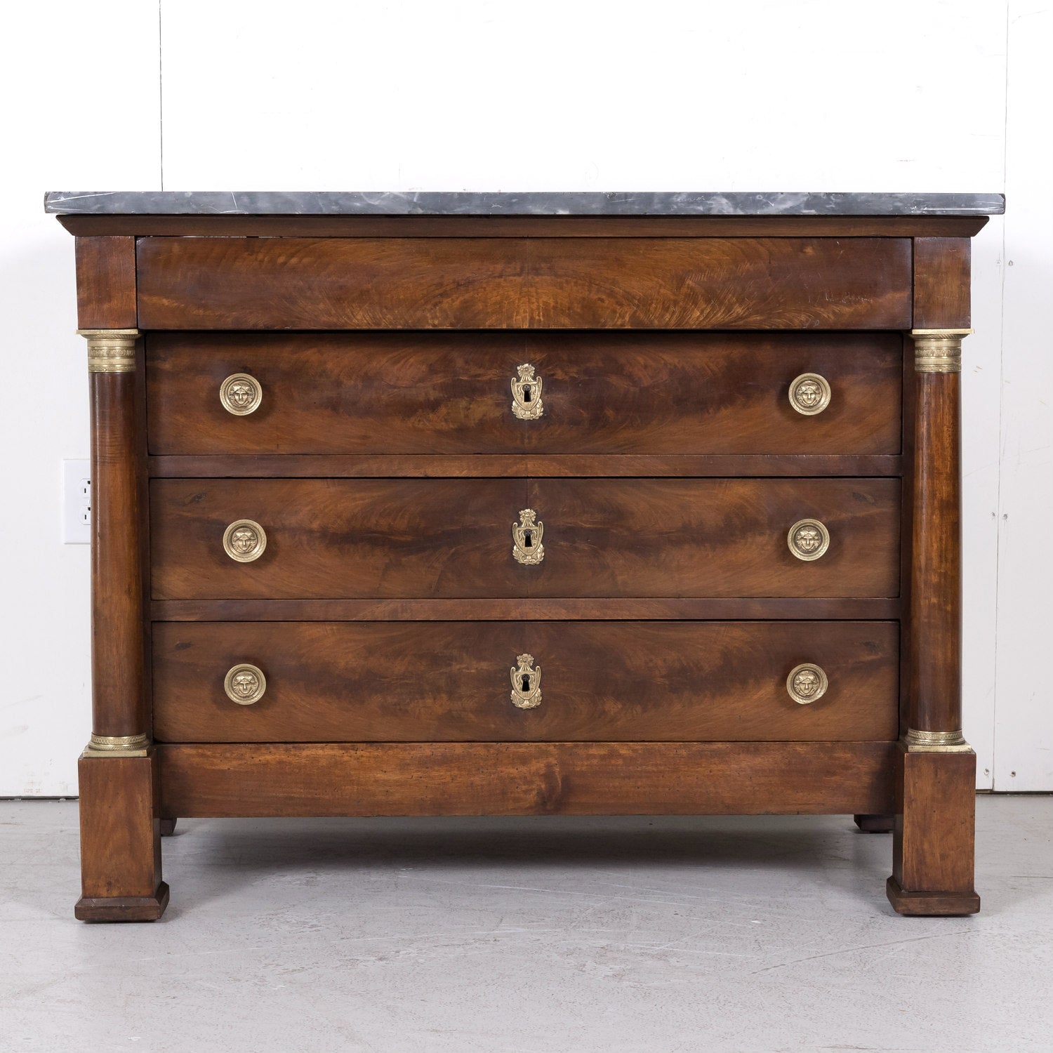 French Empire Period Walnut Commode with Marble Top and Bookmatched Front