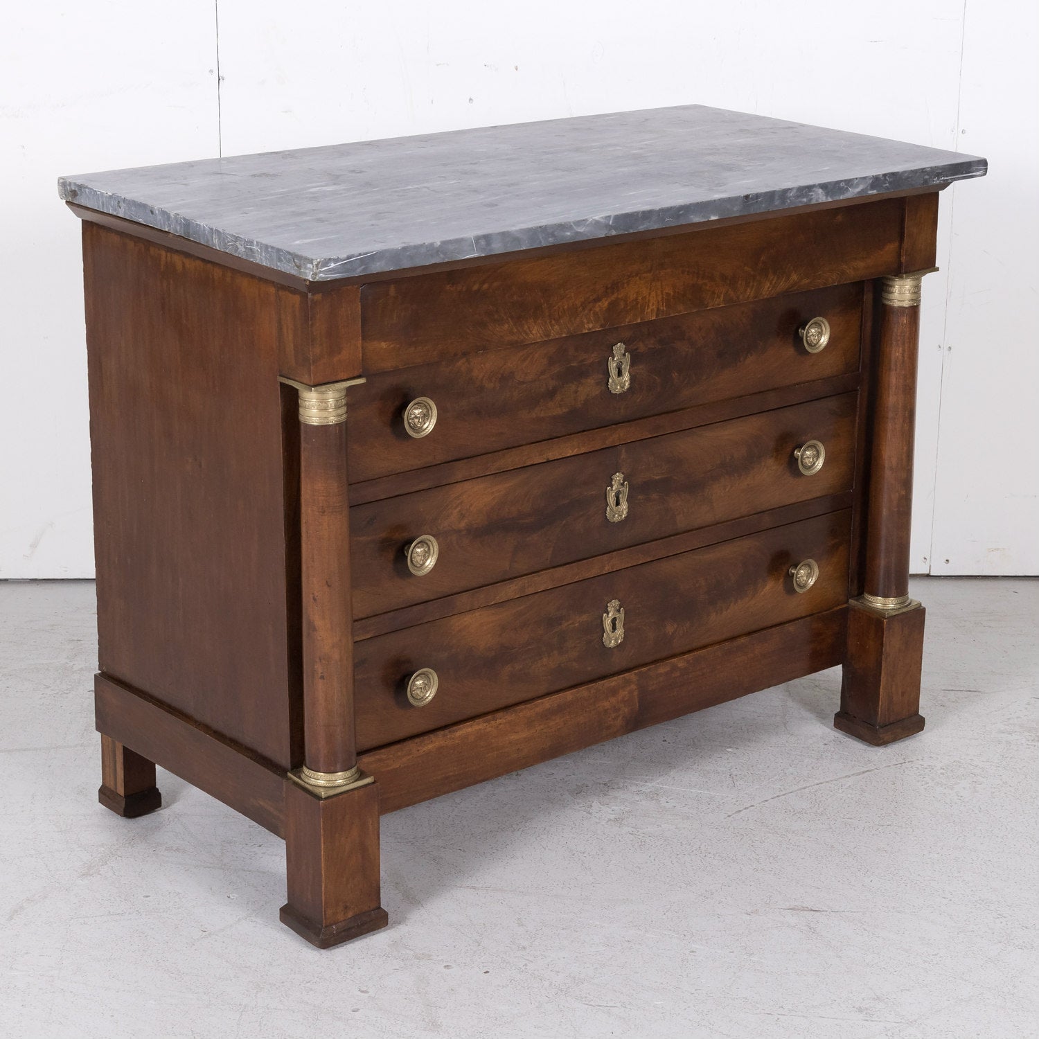 French Empire Period Walnut Commode with Marble Top and Bookmatched Front