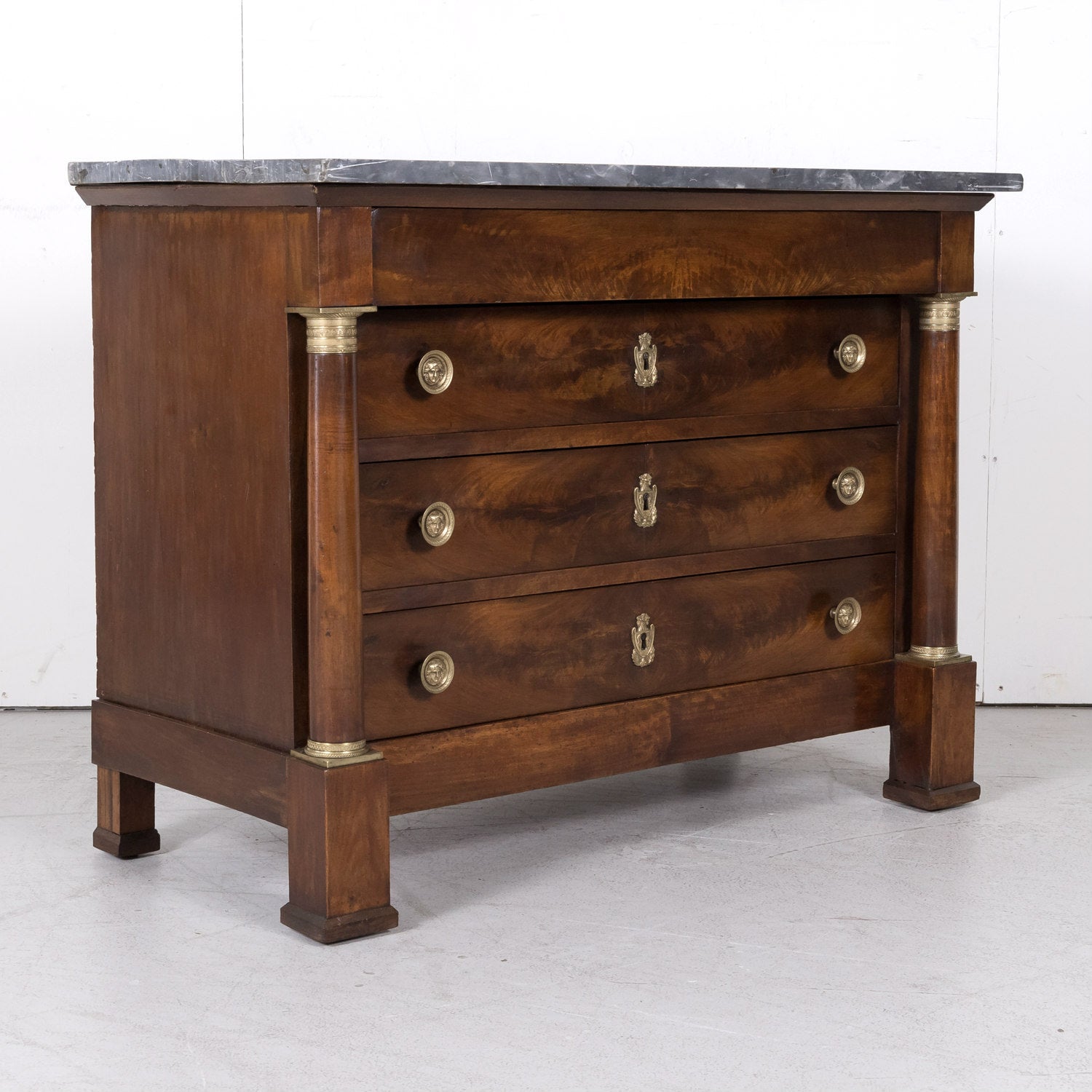 French Empire Period Walnut Commode with Marble Top and Bookmatched Front