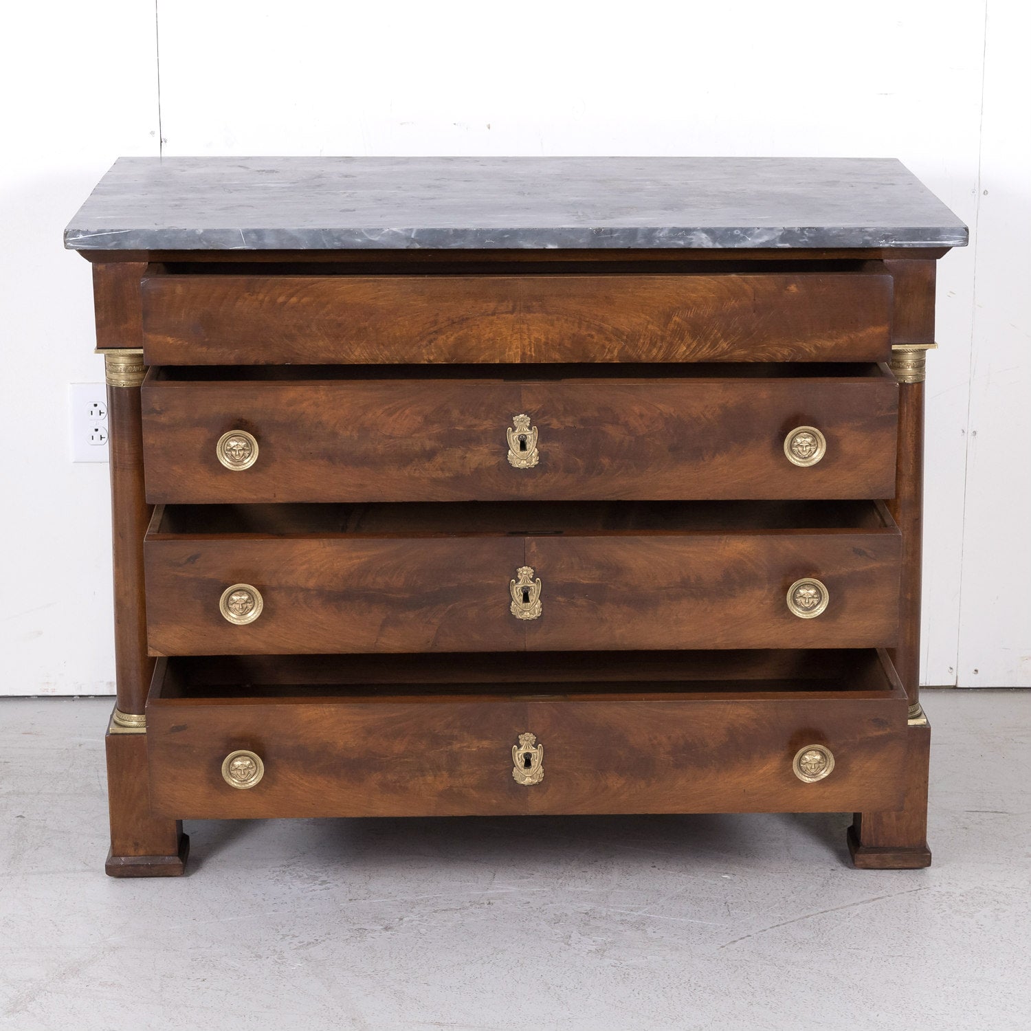 French Empire Period Walnut Commode with Marble Top and Bookmatched Front
