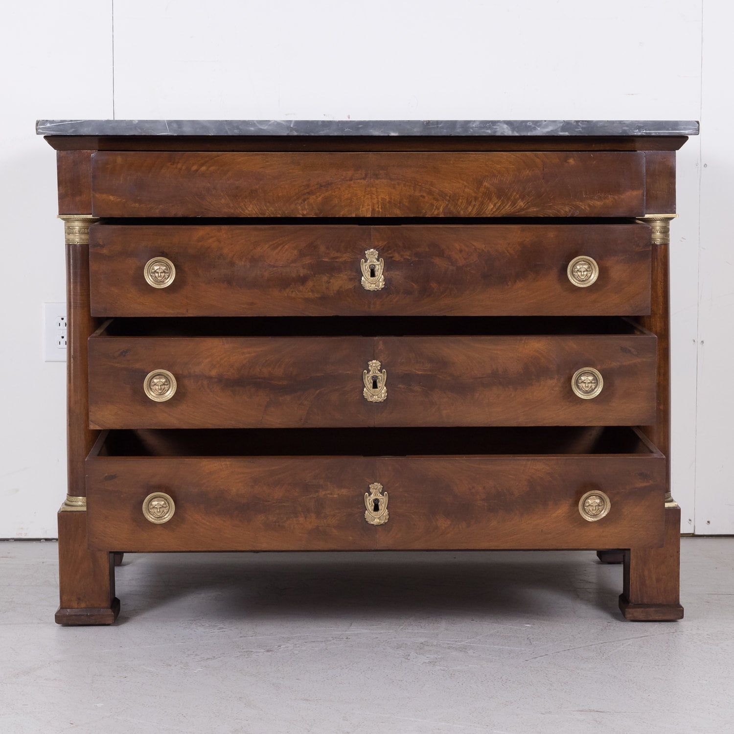 French Empire Period Walnut Commode with Marble Top and Bookmatched Front