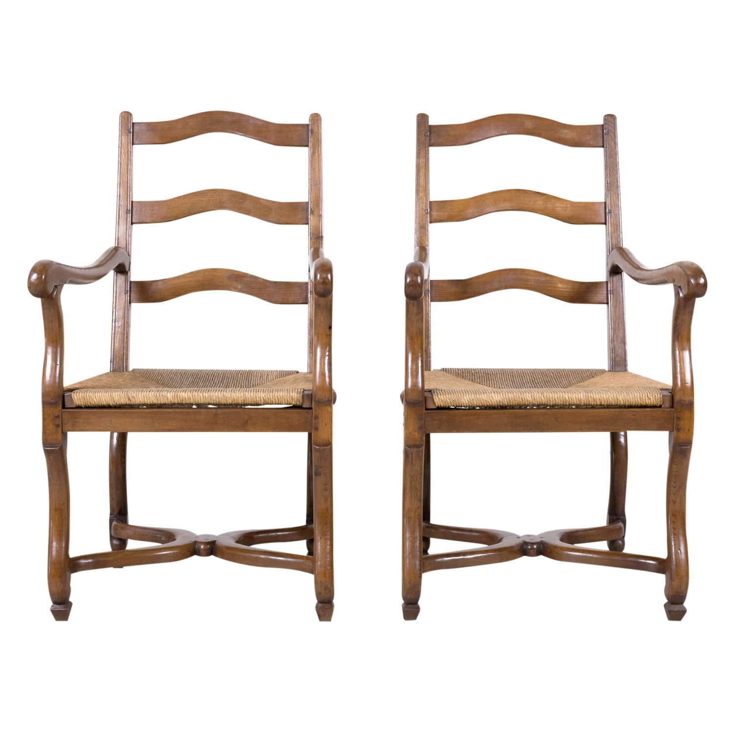 Pair of Antique Country French Louis XIV Style Oak Ladder Back Arm Chairs with Rush Seats