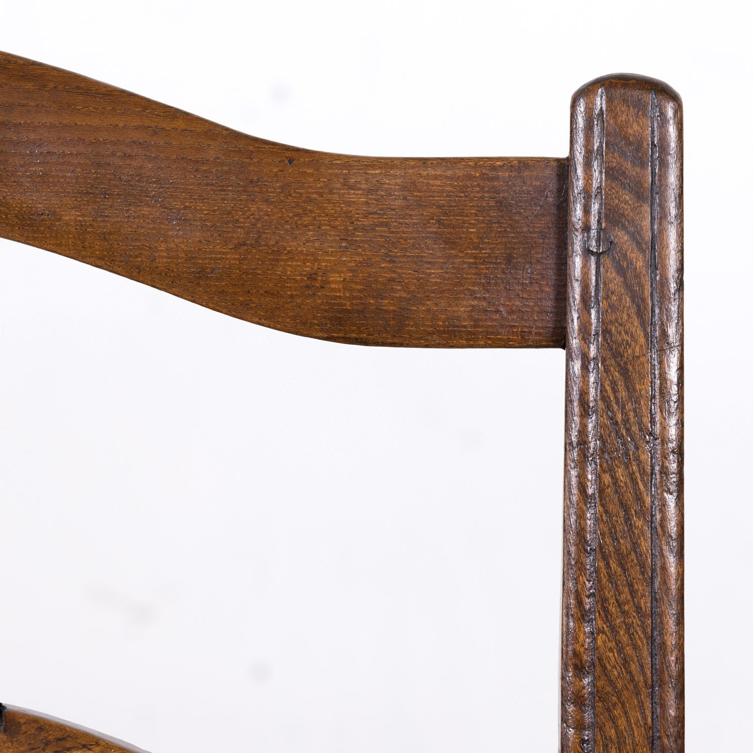 Pair of Antique Country French Louis XIV Style Oak Ladder Back Arm Chairs with Rush Seats