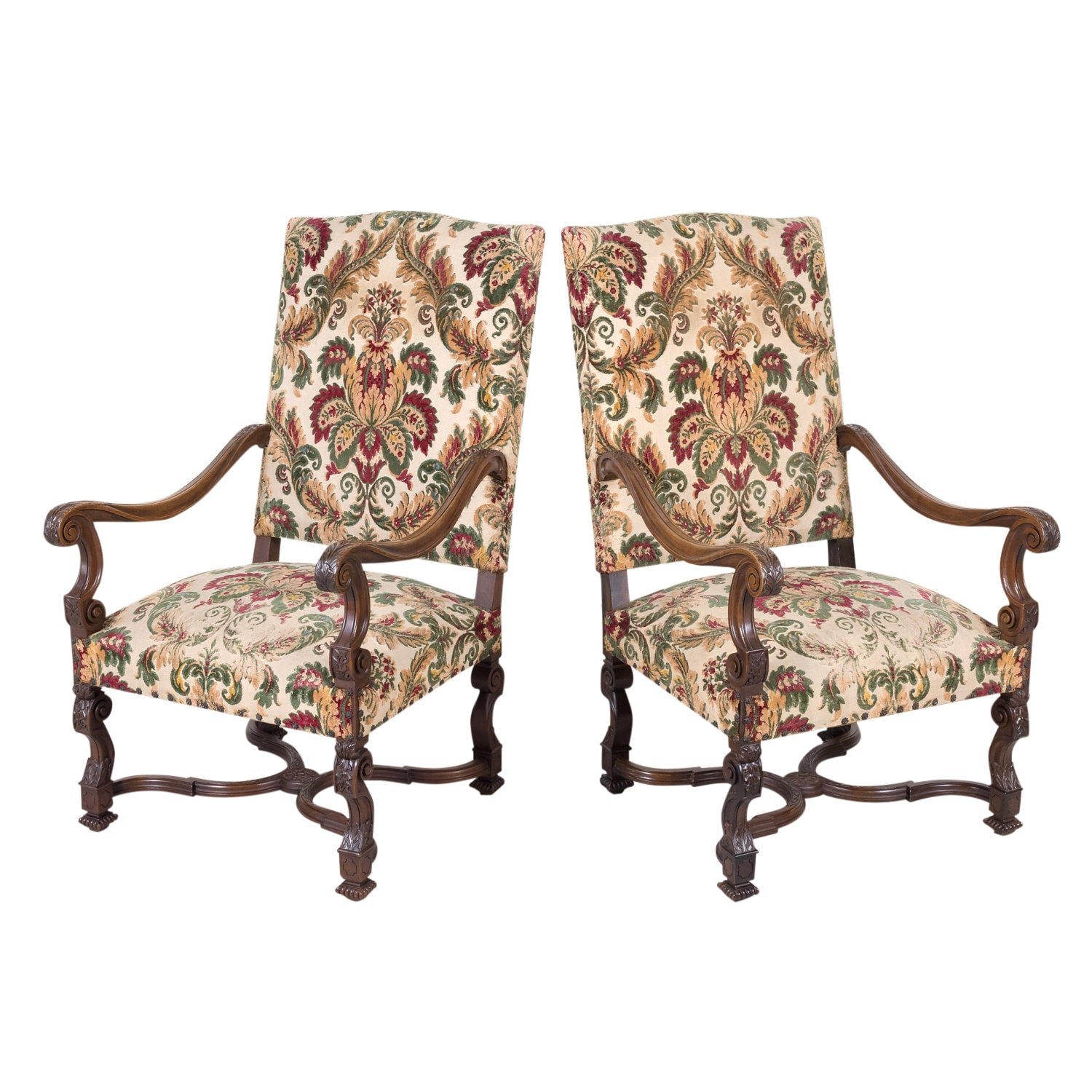 Pair of 19th Century French Louis XIV Style Carved Walnut Fauteuils