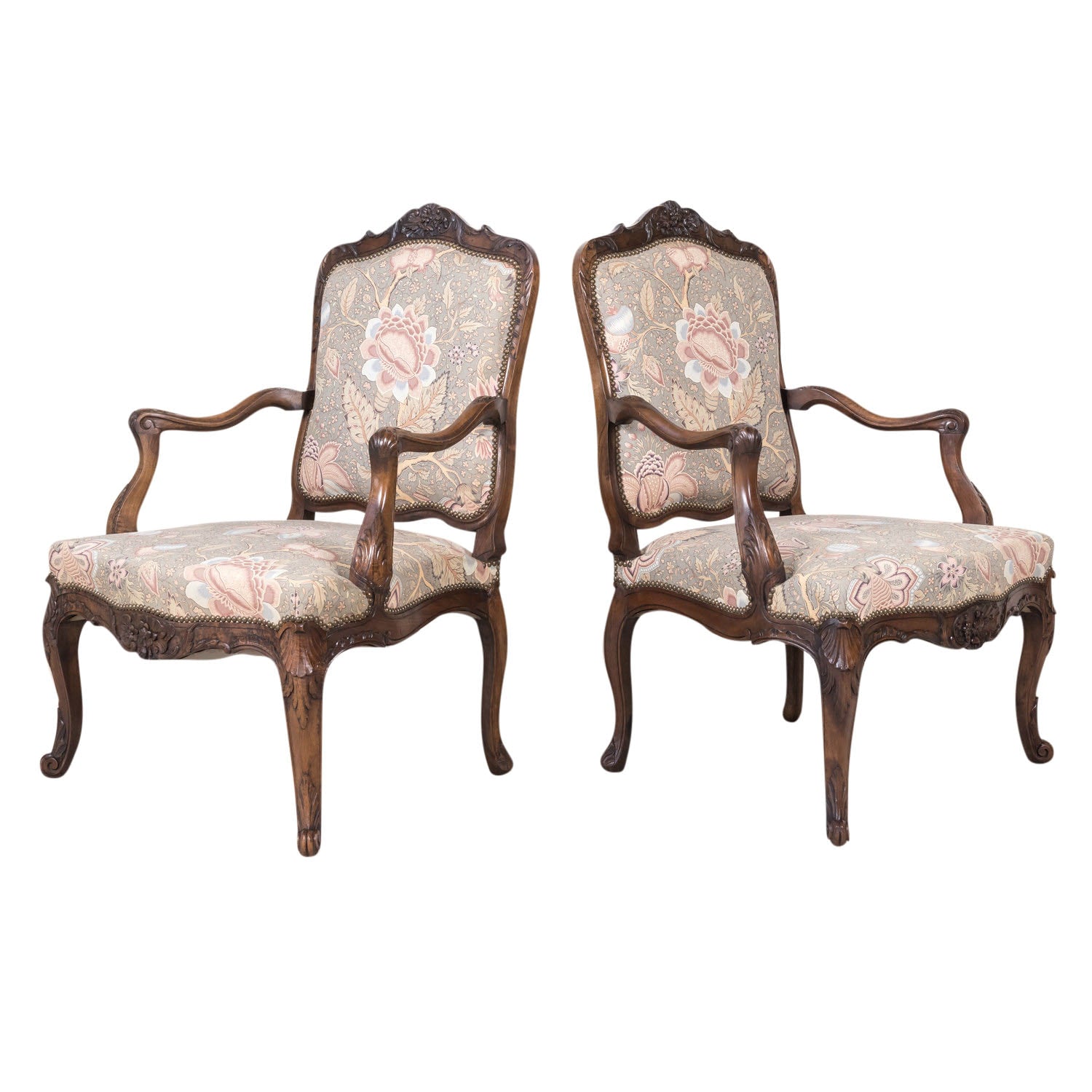 Fine Pair of 18th Century French Louis XV Period Carved Walnut Fauteuils