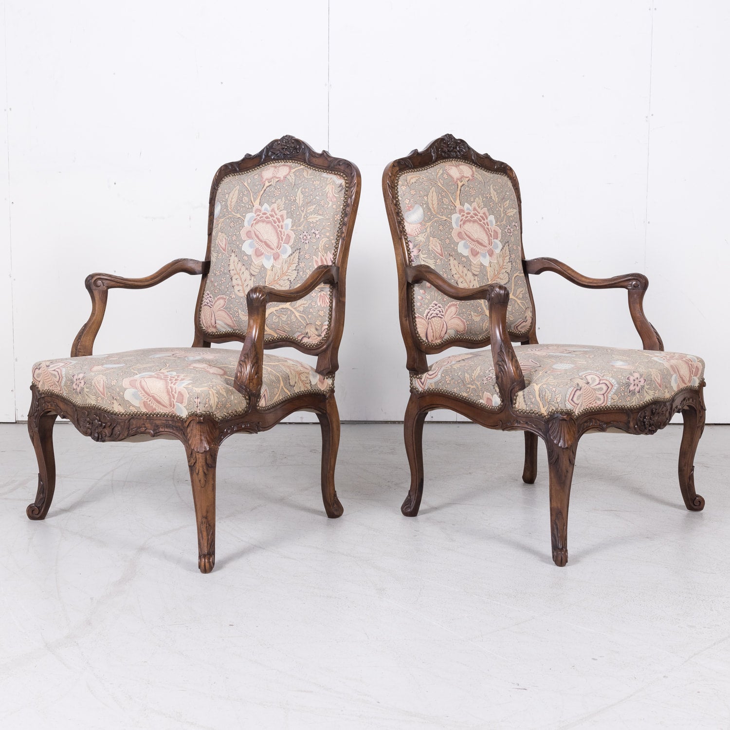 Fine Pair of 18th Century French Louis XV Period Carved Walnut Fauteuils