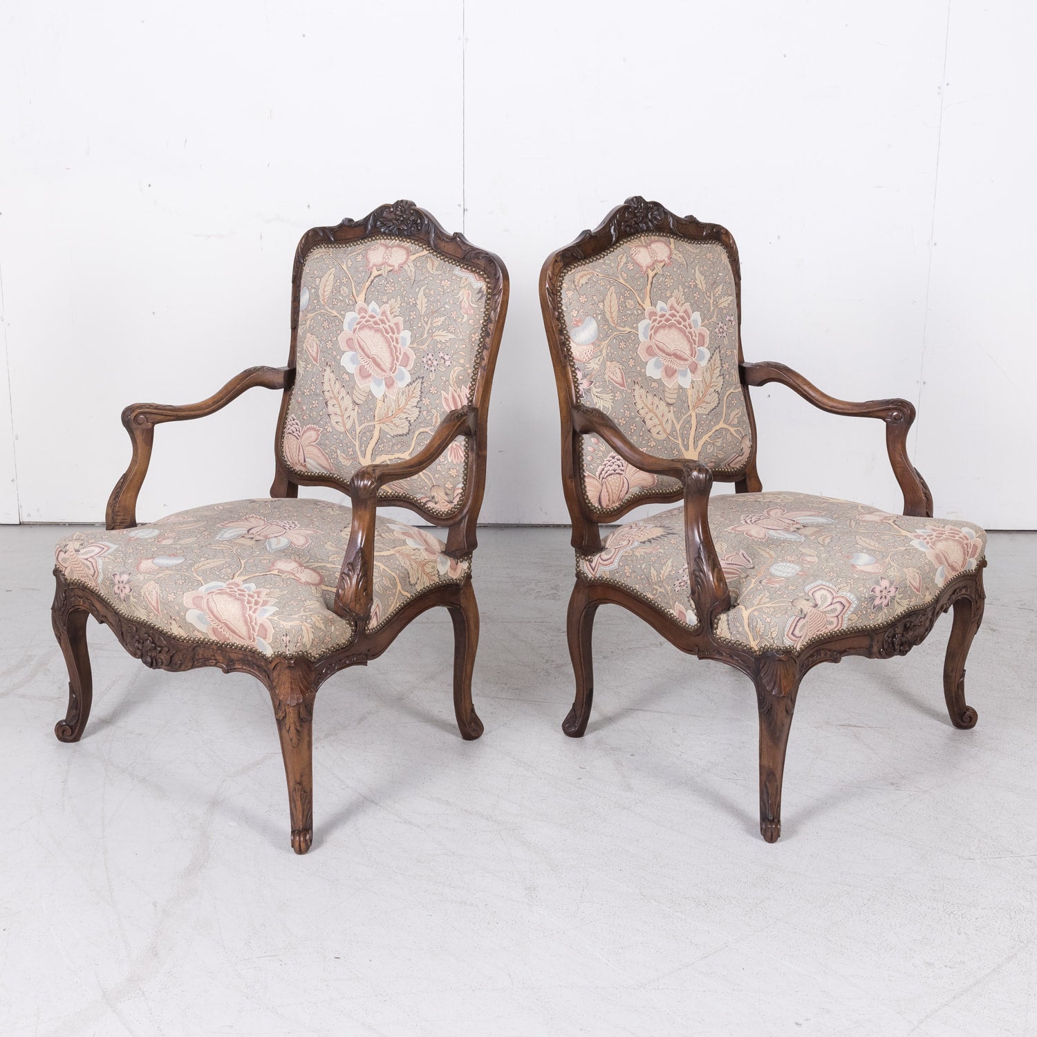 Fine Pair of 18th Century French Louis XV Period Carved Walnut Fauteuils