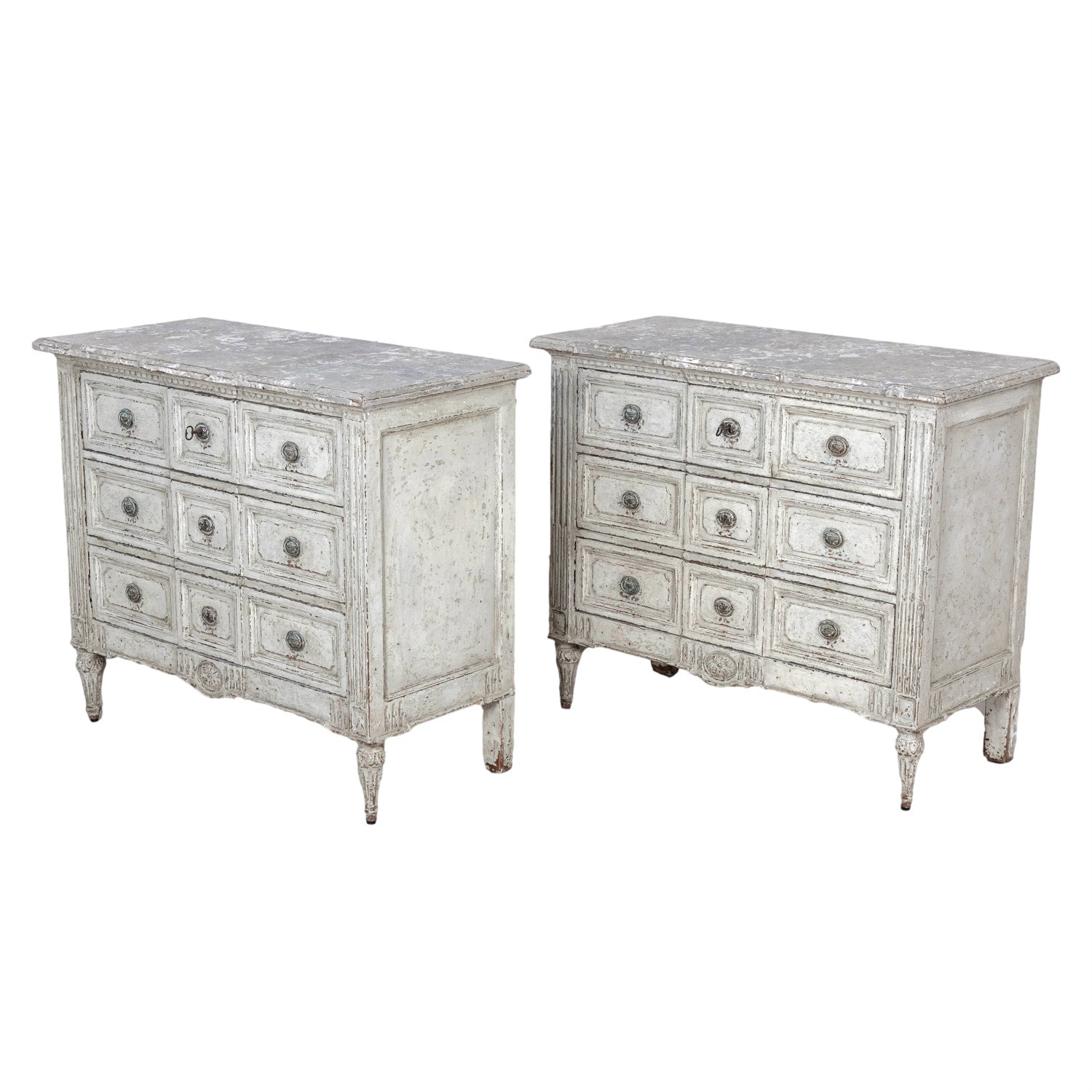 Pair of 18th Century French Louis XVI Period Painted Commodes with Faux Marble Tops