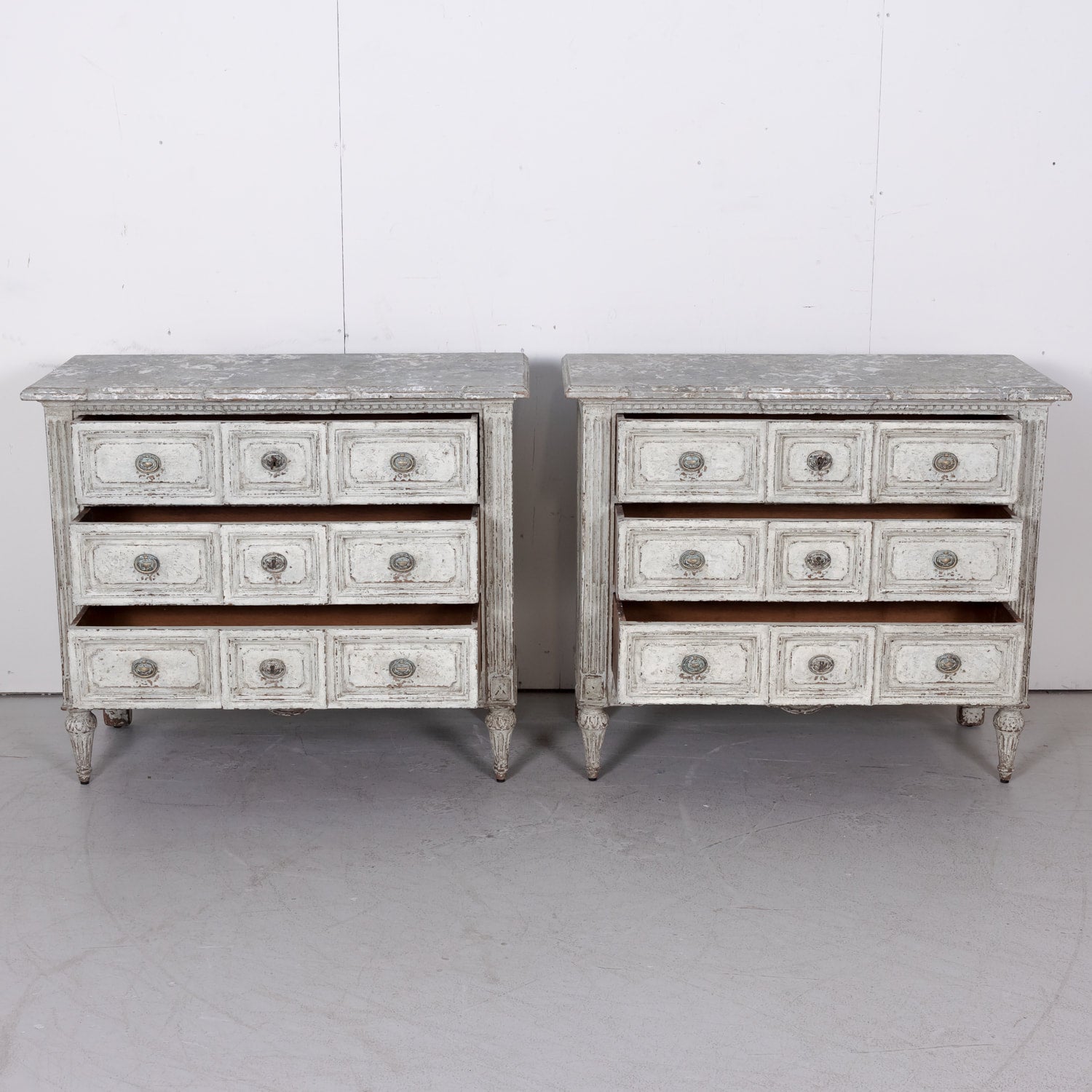 Pair of 18th Century French Louis XVI Period Painted Commodes with Faux Marble Tops